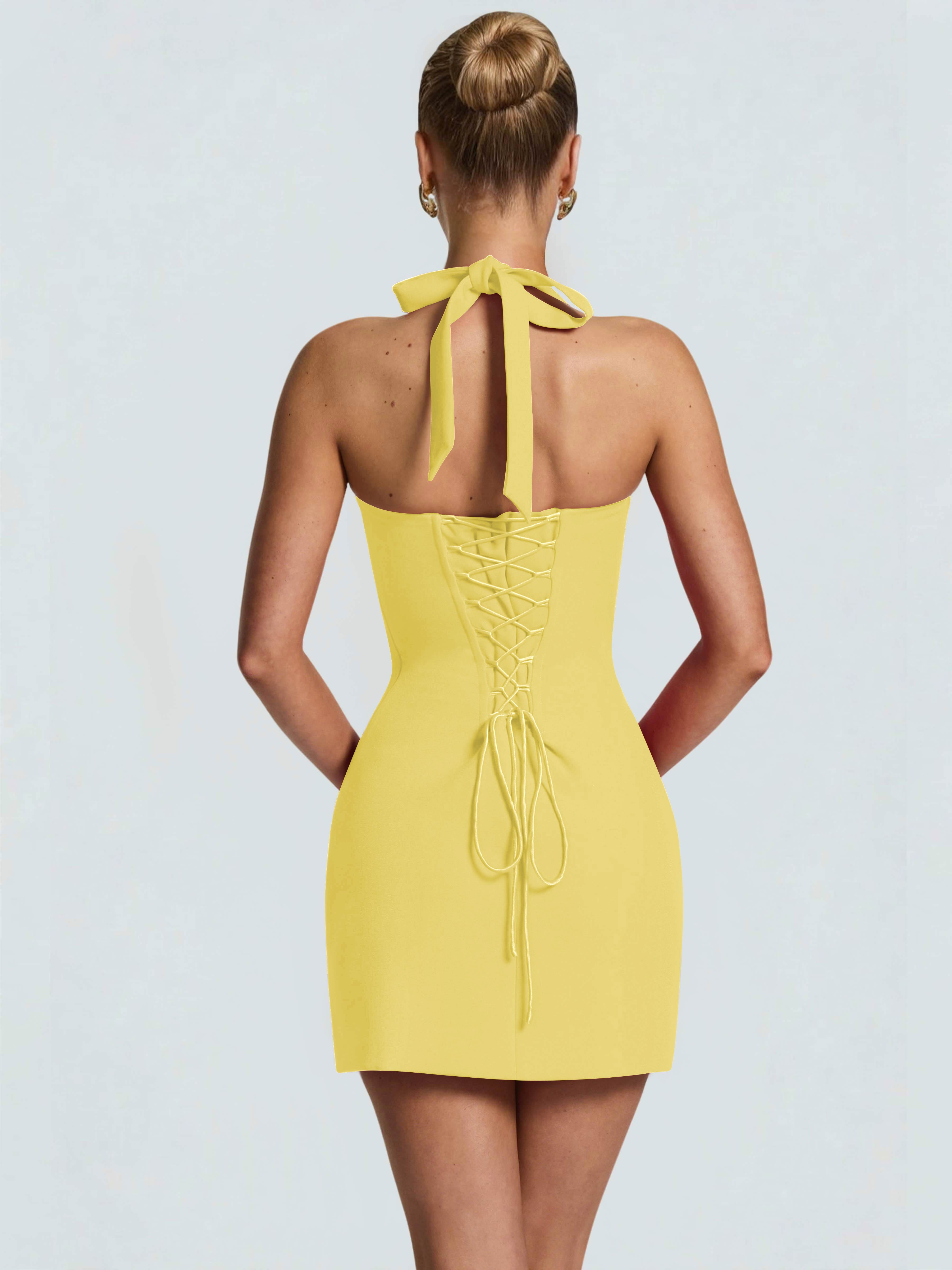 ROVDESY Halter Lace Satin Tight Homecoming Mini Dress