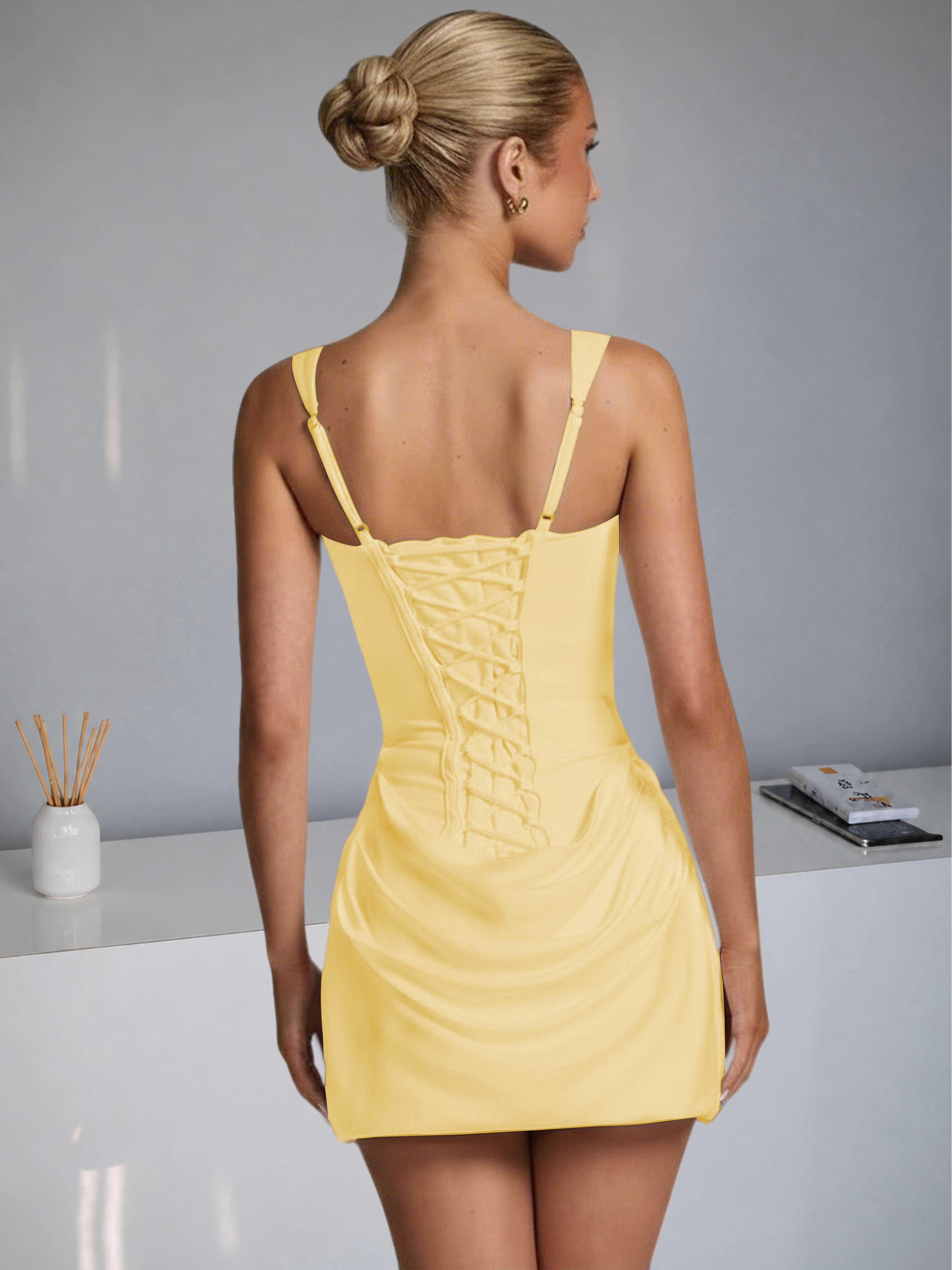 ROVDESY Square Neck Ruched Satin Homecoming Mini Dress