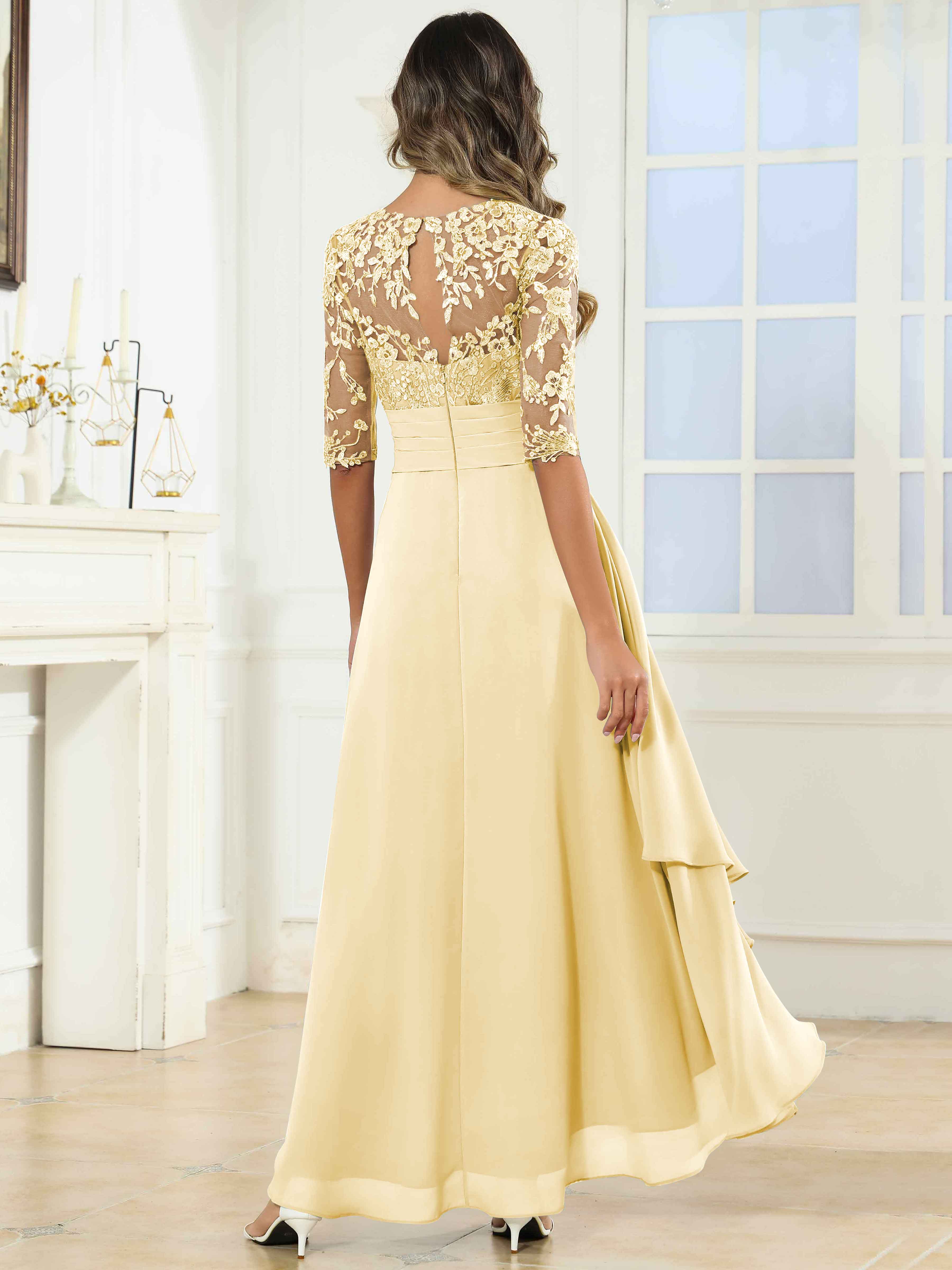 ROVDESY Tea Length A-Line Lace Chiffon Mother Of The Bride Dress With Half Sleeves