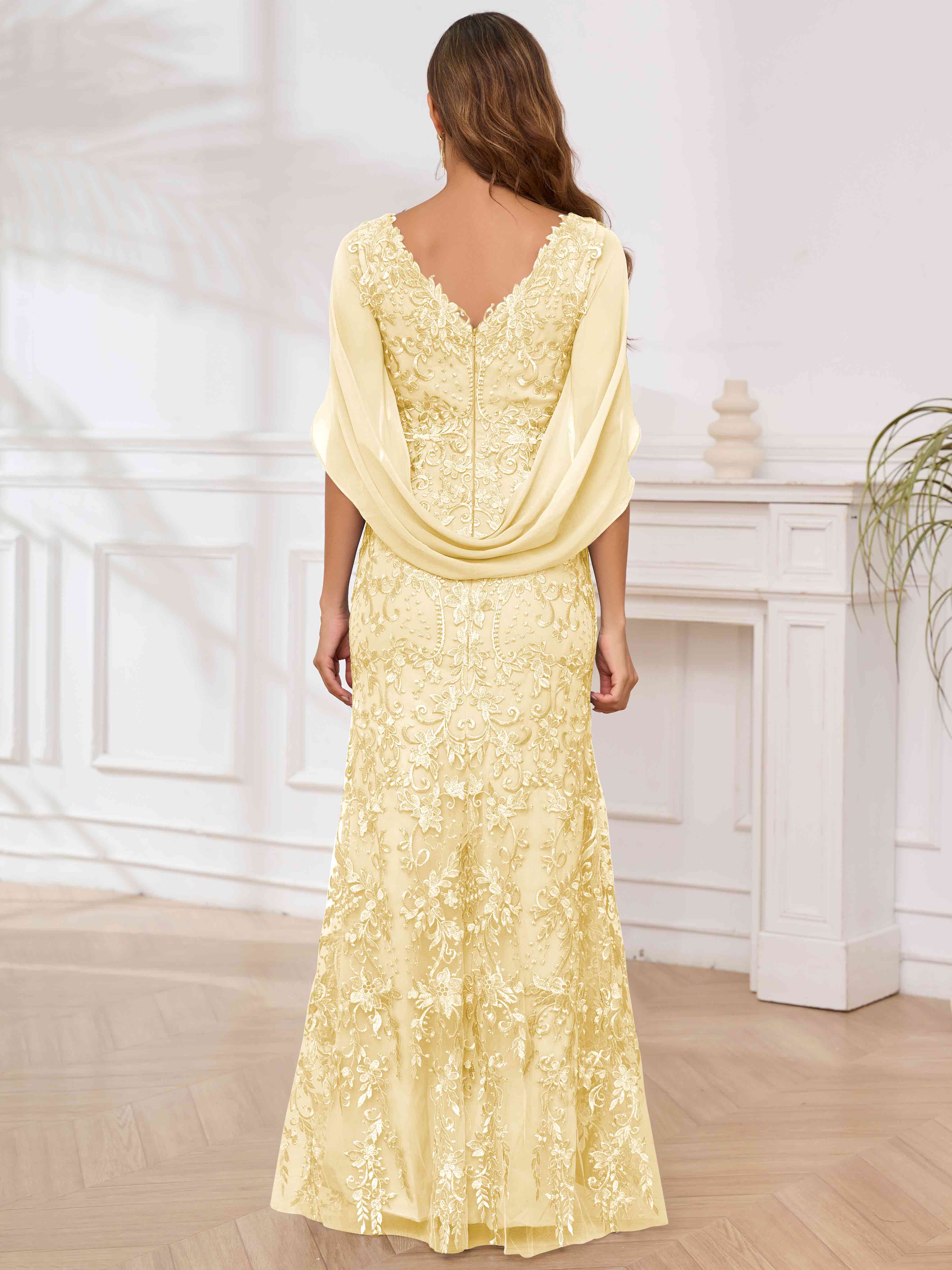 ROVDESY V-Neck Lace Mermaid Mother Of The Bride Dress With Cape Sleeves Long Formal Gown