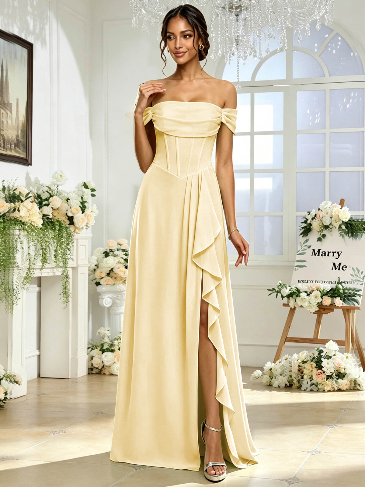 Off the Shoulder Chiffon A Line Long Bridesmaid Dress with Slit