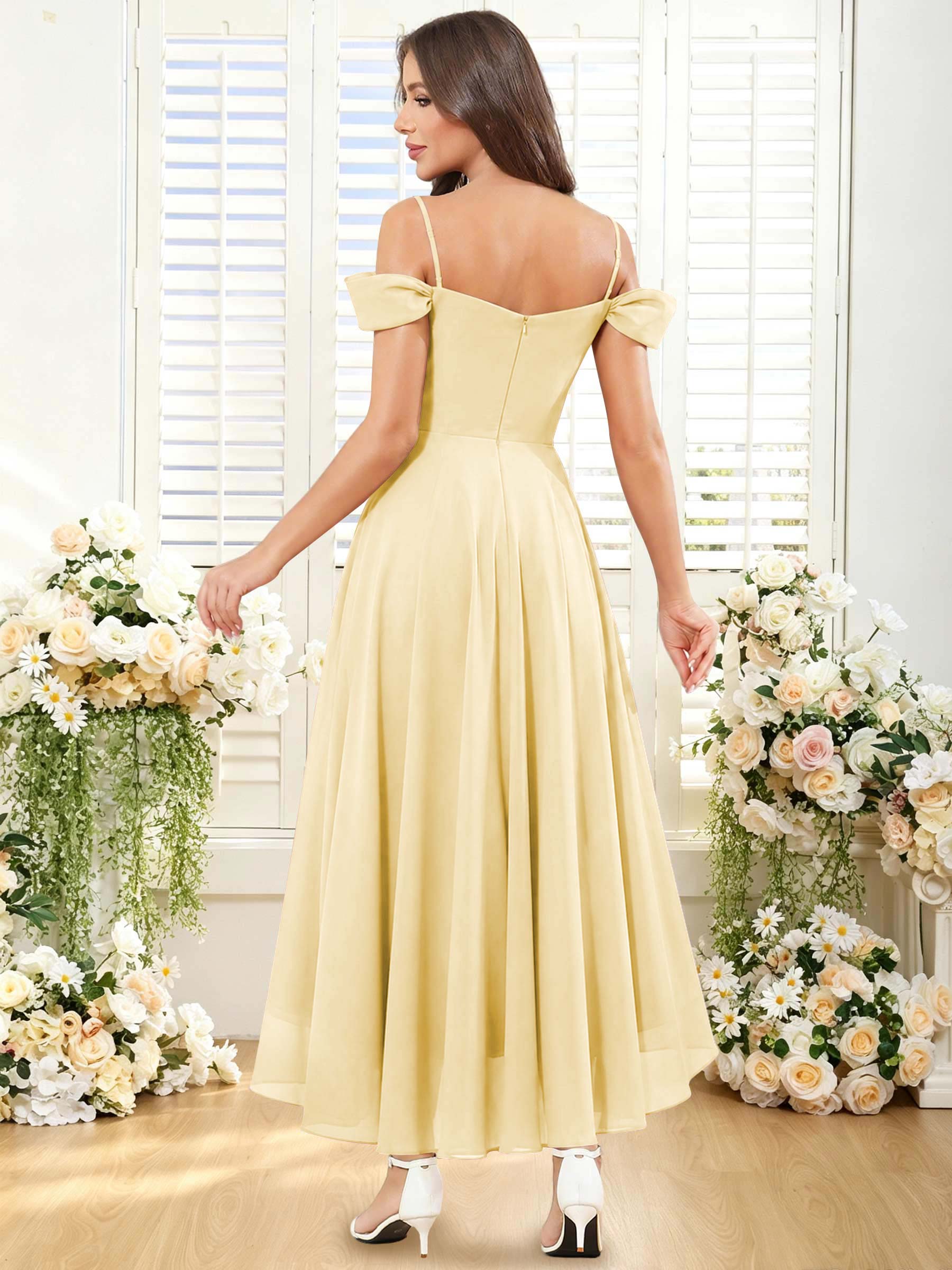 ROVDESY ROVDESY Short Cold Shoulder Sweetheart High Low Pleated Chiffon Bridesmaid Dress