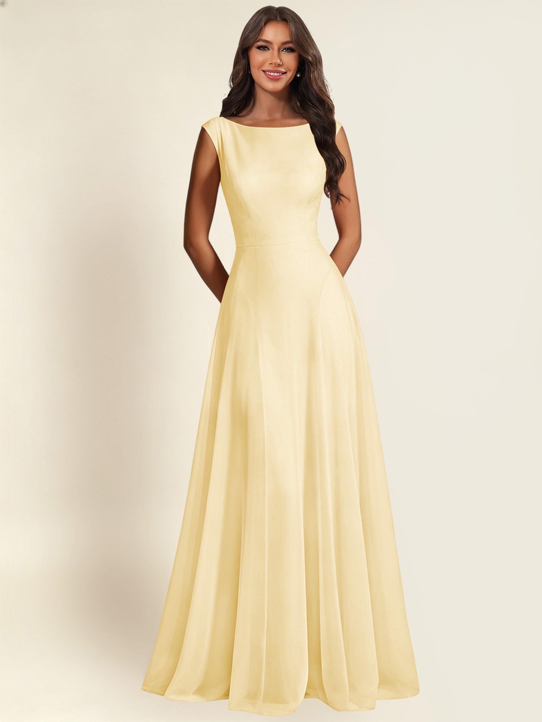 ROVDESY A-Line Chiffon Long Bridesmaid Dress With Sleeveless