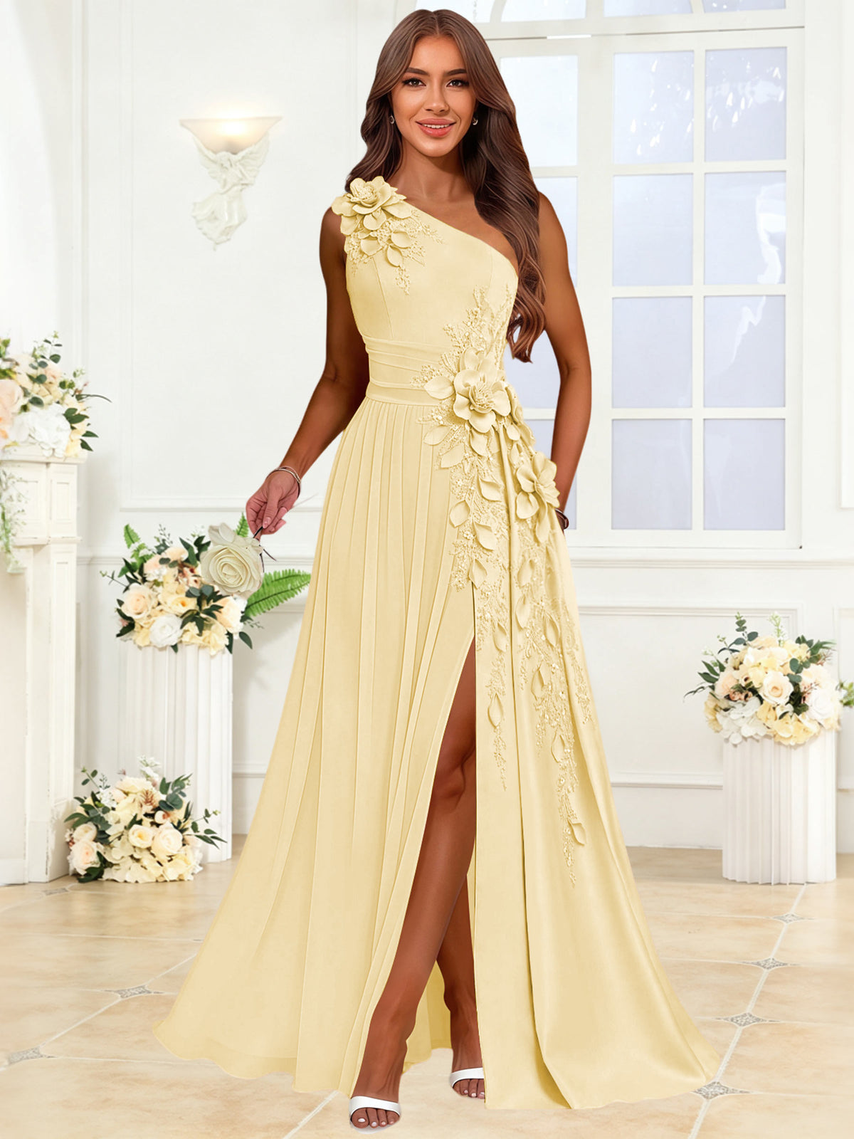 One Shoulder 3D Flower Chiffon Bridesmaid Dress with Slit