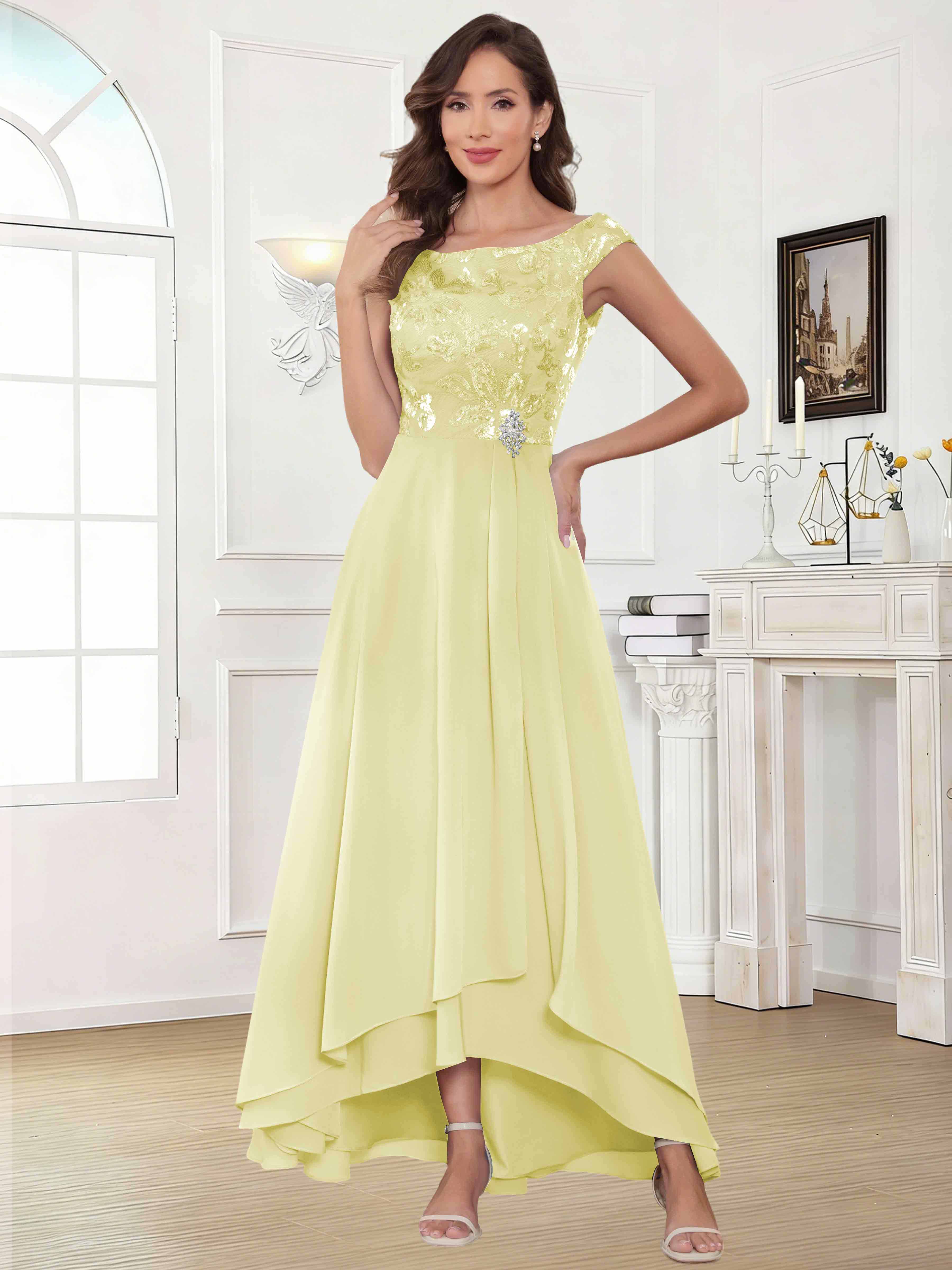 ROVDESY Tea Length Off-The-Shoulder Sequin Chiffon Mother Of The Bride Dress