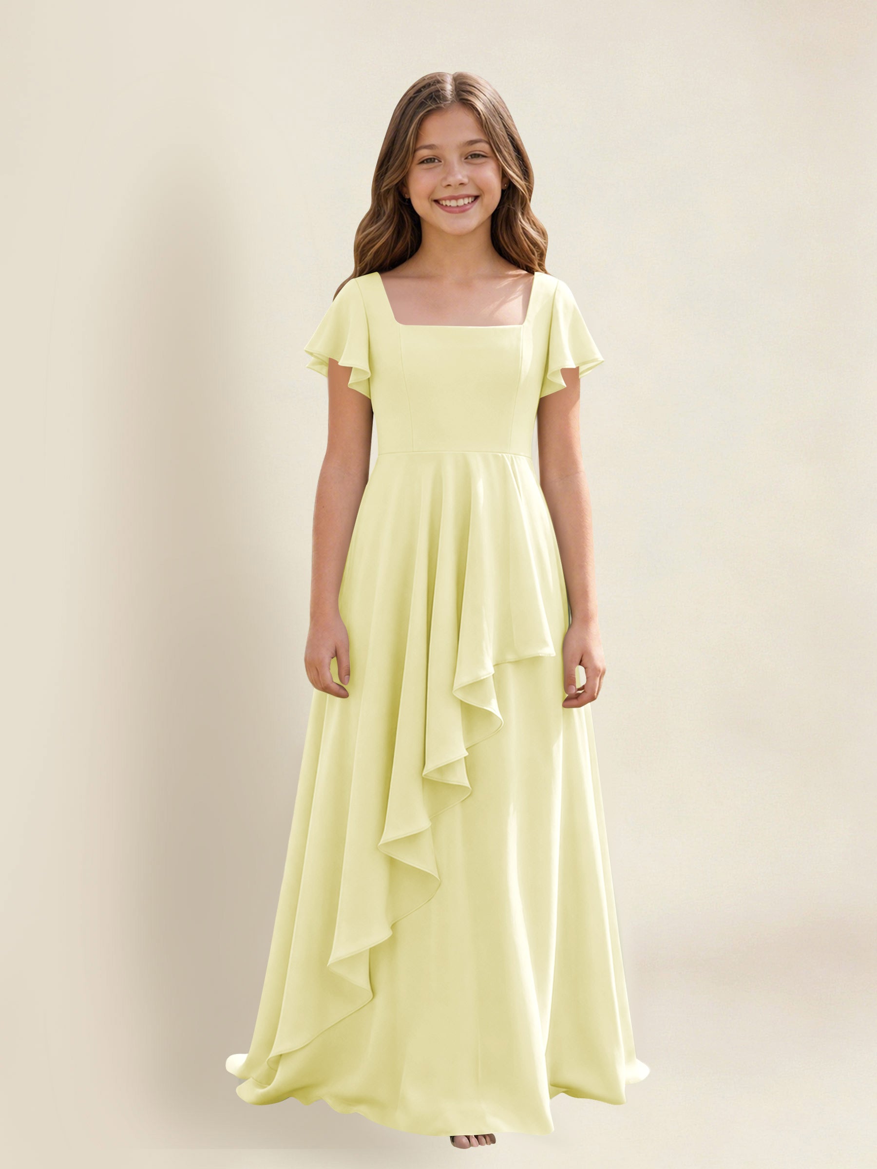 ROVDESY A-Line Square Neck Ruffle Chiffon Junior Bridesmaid Dress With Short Sleeves