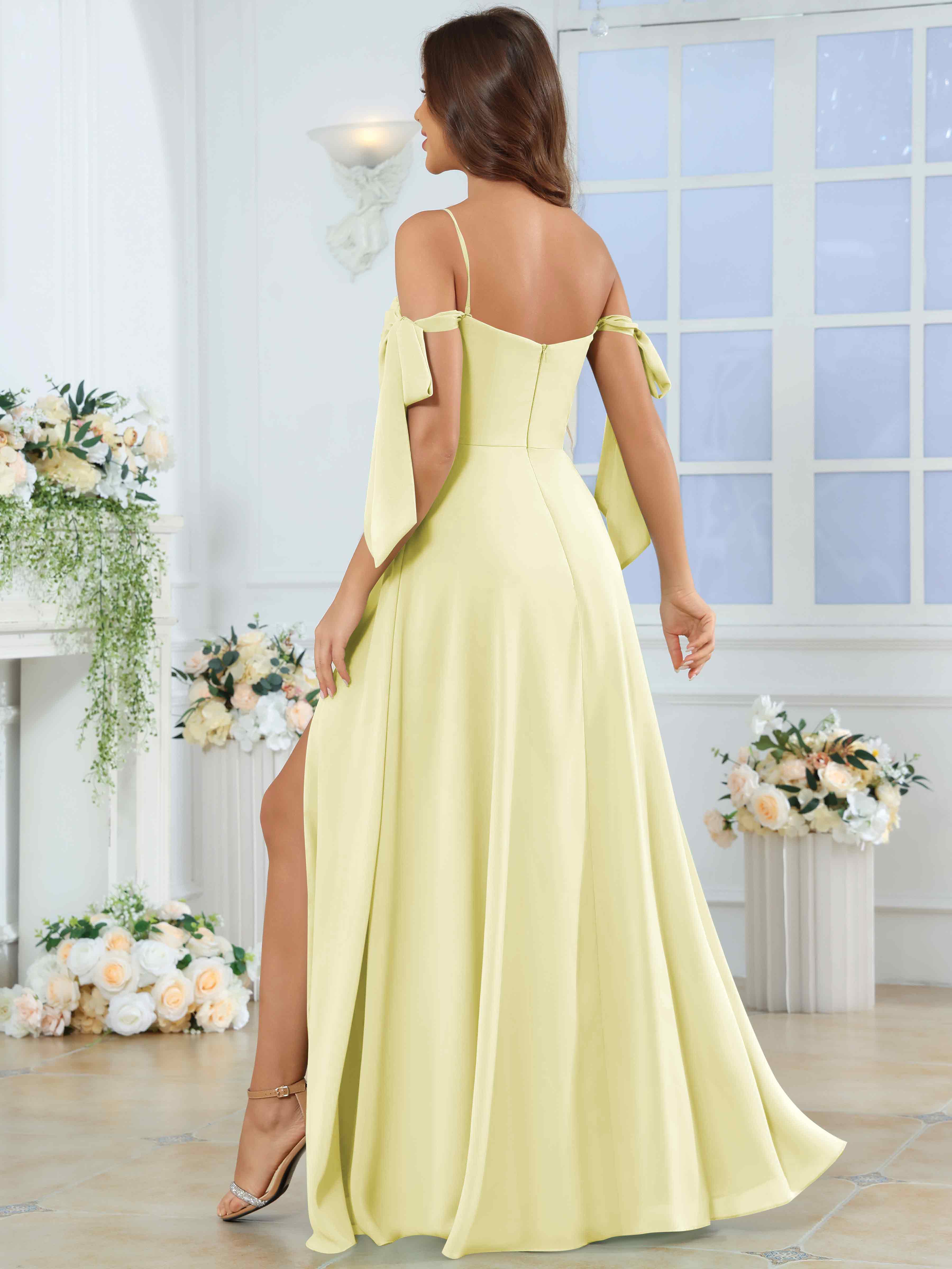 ROVDESY Spaghetti Strap Pleated Ruffle Slit Chiffon Bridesmaid Dress With Bow Sleeves