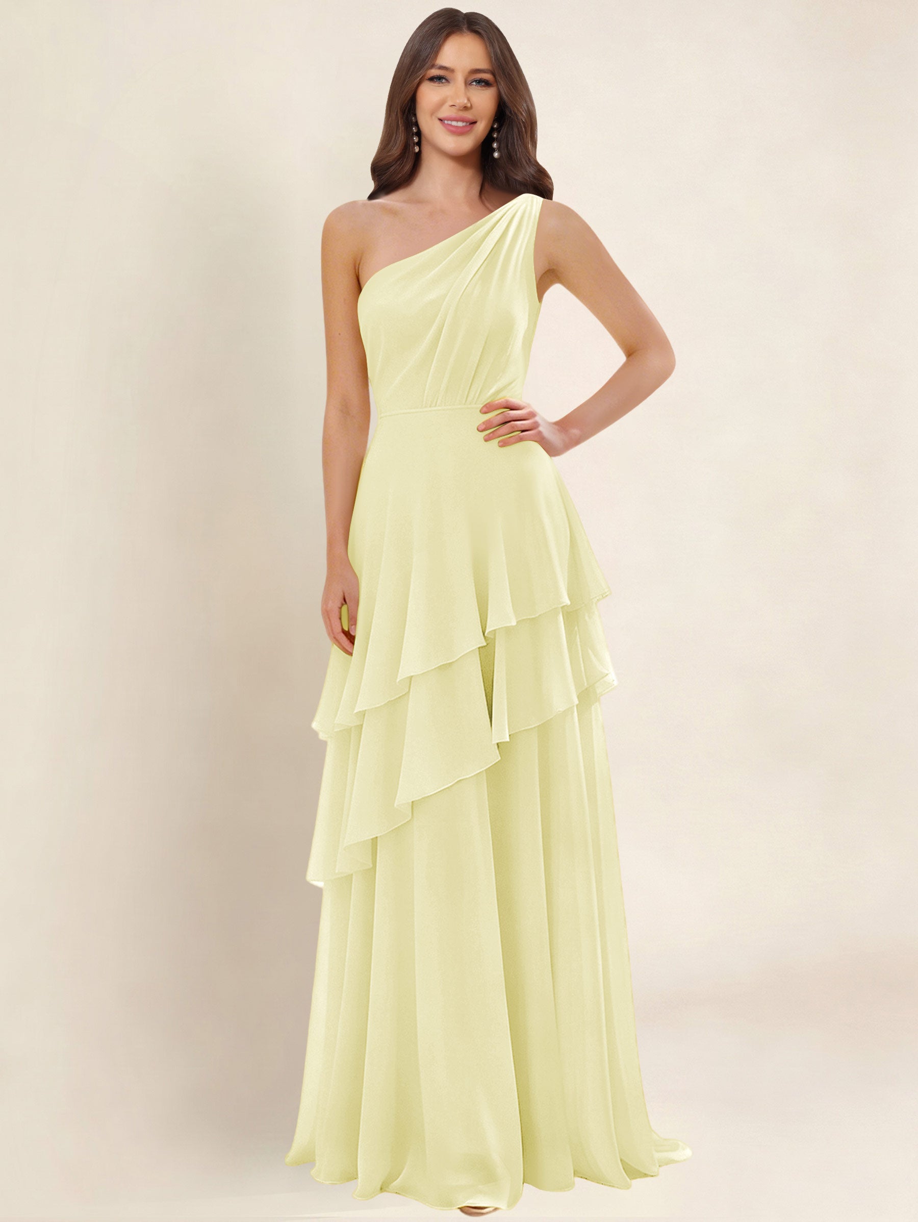ROVDESY A-Line One Shoulder Pleated Tiered Chiffon Bridesmaid Dress