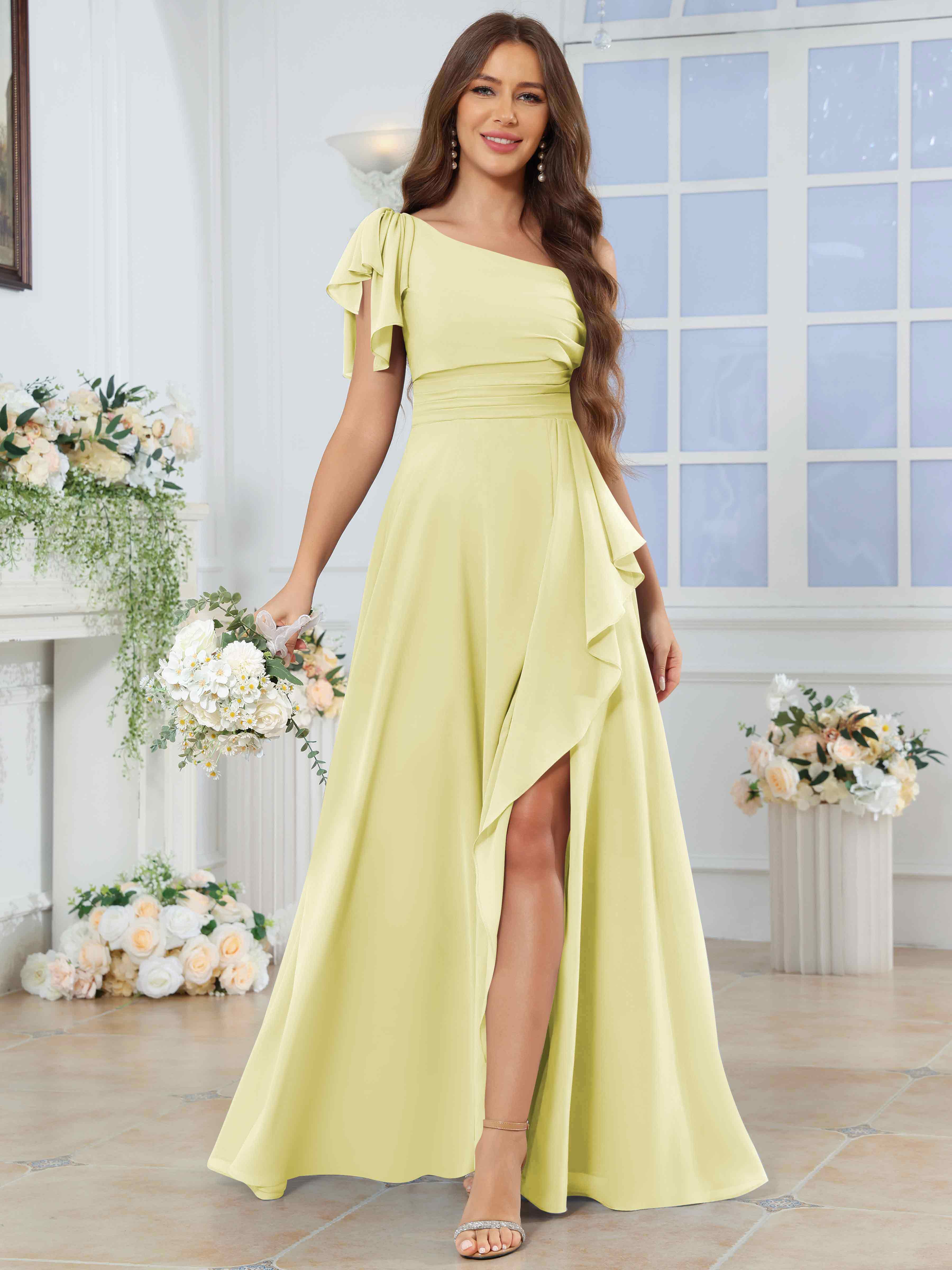 ROVDESY One Shoulder Pleated Ruffle Chiffon Bridesmaid Dress With Slit