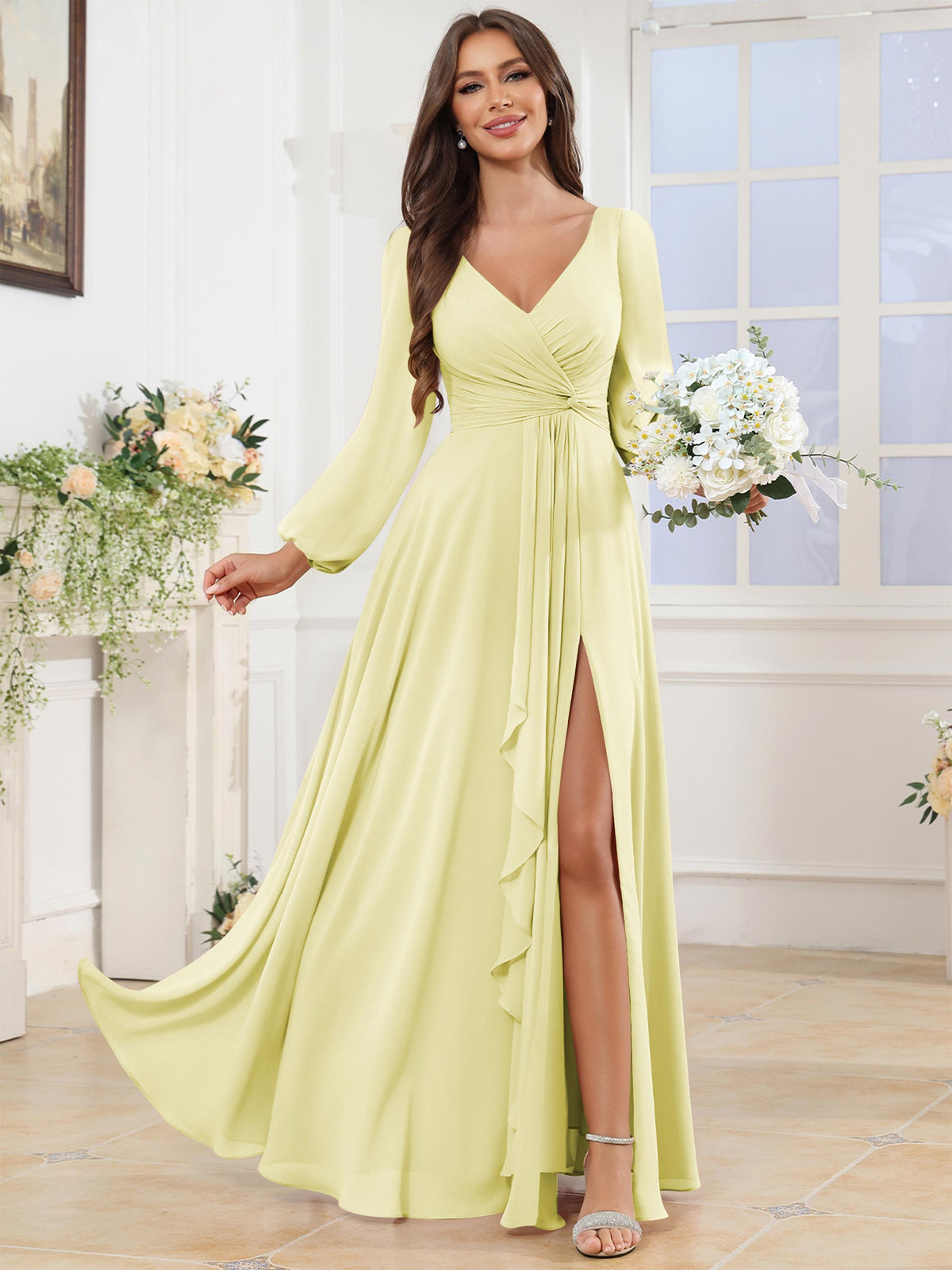 V Neck Chiffon Long Sleeve Bridesmaid Dresses with Slit