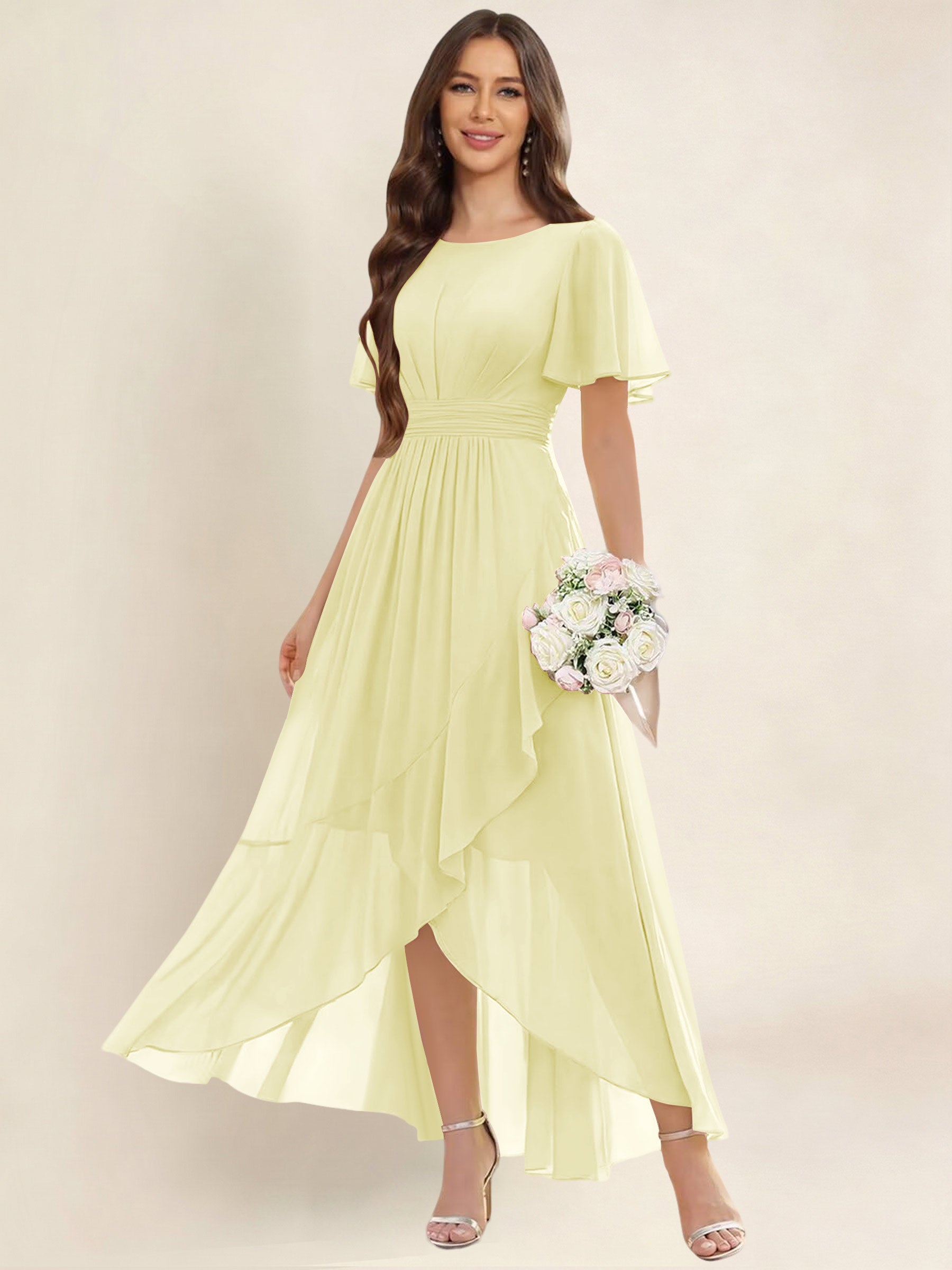 ROVDESY A-Line High Low Round Neck Pleated Ruffle Chiffon Bridesmaid Dress With Short Sleeves