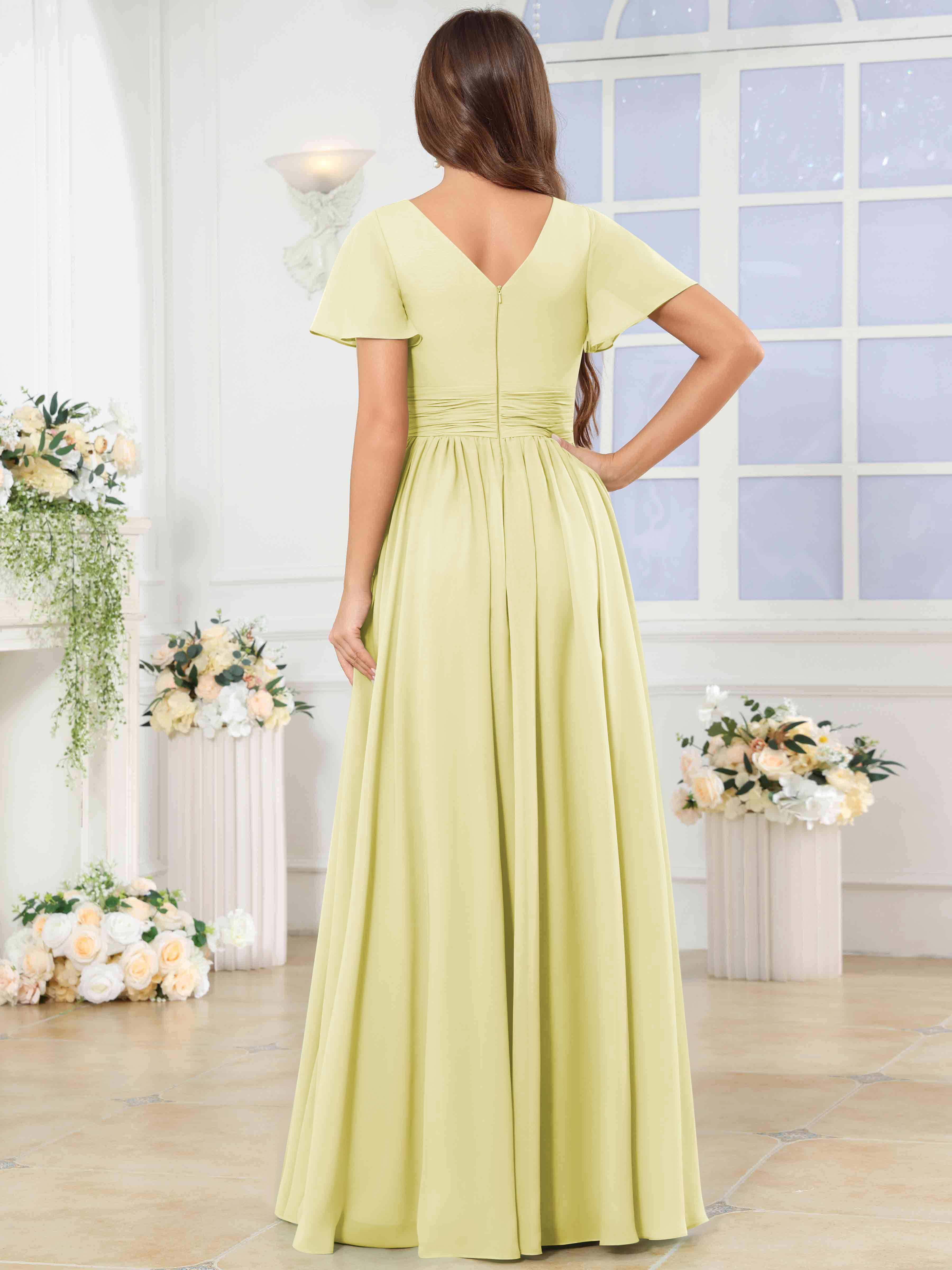 ROVDESY A-Line V-Neck Slit Pleated Ruffle Chiffon Bridesmaid Dress With Short Sleeves