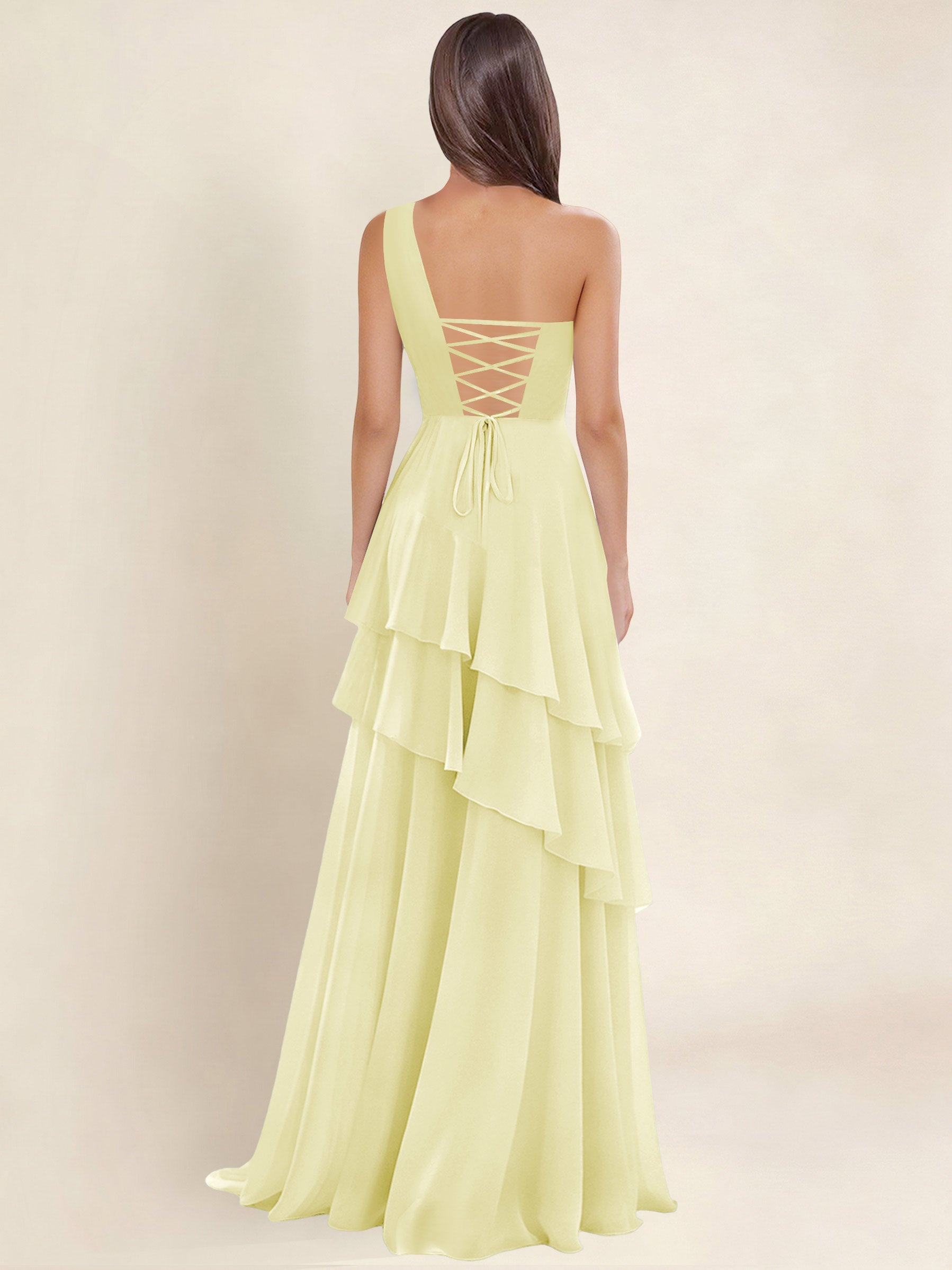 ROVDESY A-Line One Shoulder Pleated Tiered Chiffon Bridesmaid Dress
