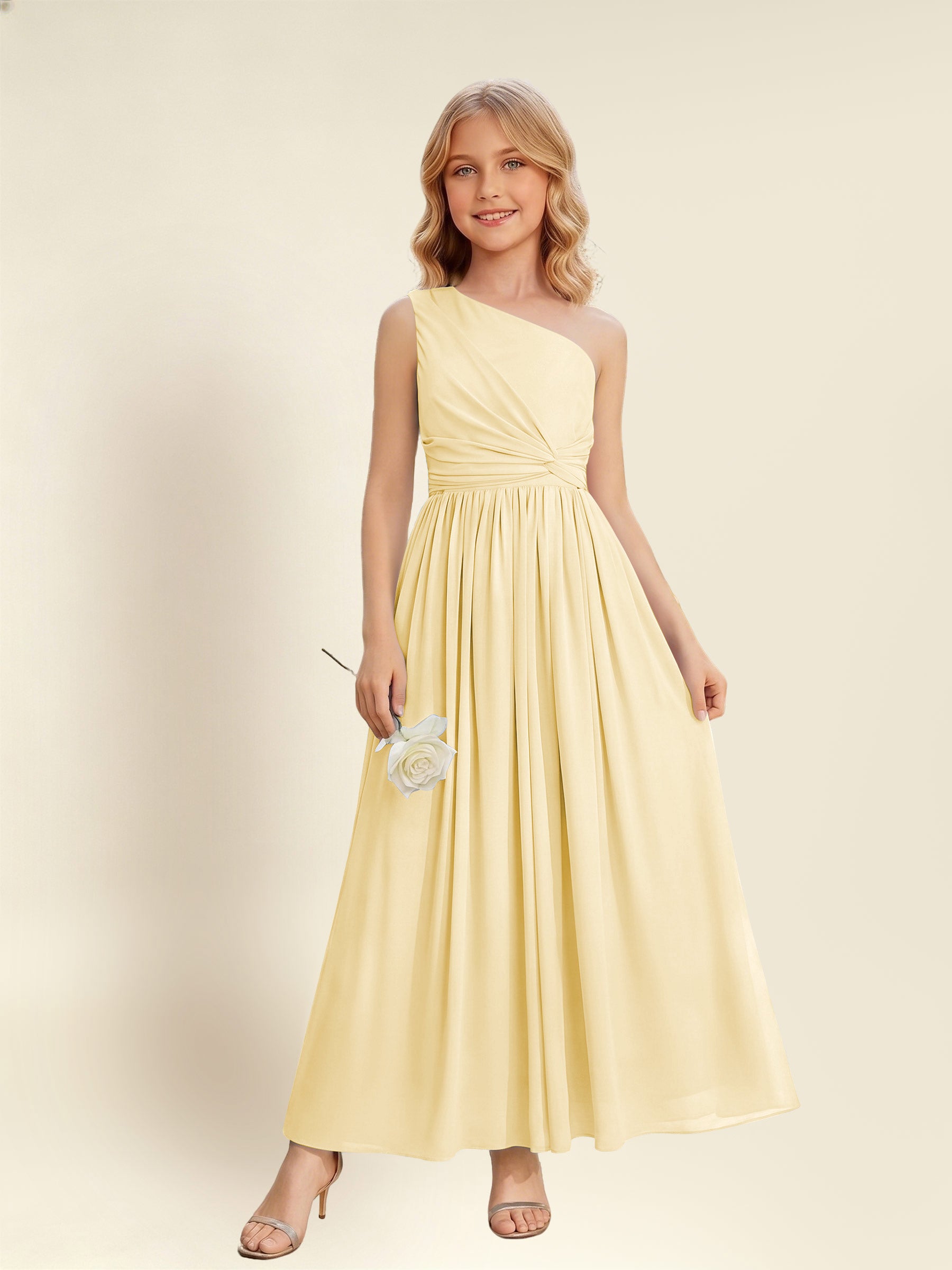 ROVDESY One Shoulder Twist Waist Chiffon Junior Bridesmaid Maxi Dress