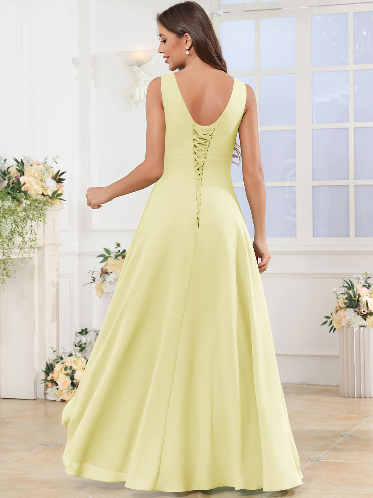 V Neck Chiffon A Line Ruffle Bridesmaid Dress with Slit