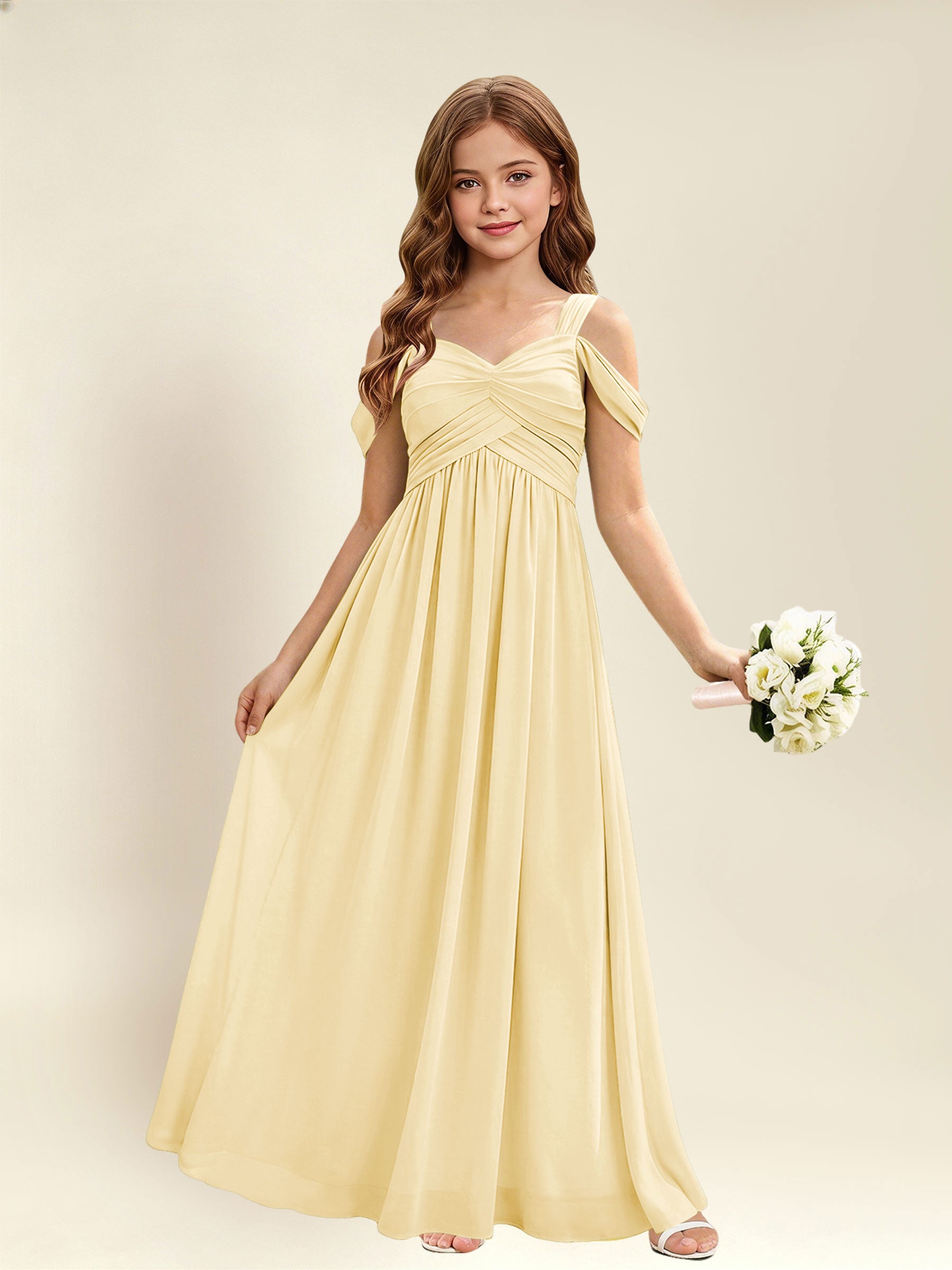 ROVDESY A-Line Off The Shoulder Pleated Chiffon Junior Bridesmaid Dress