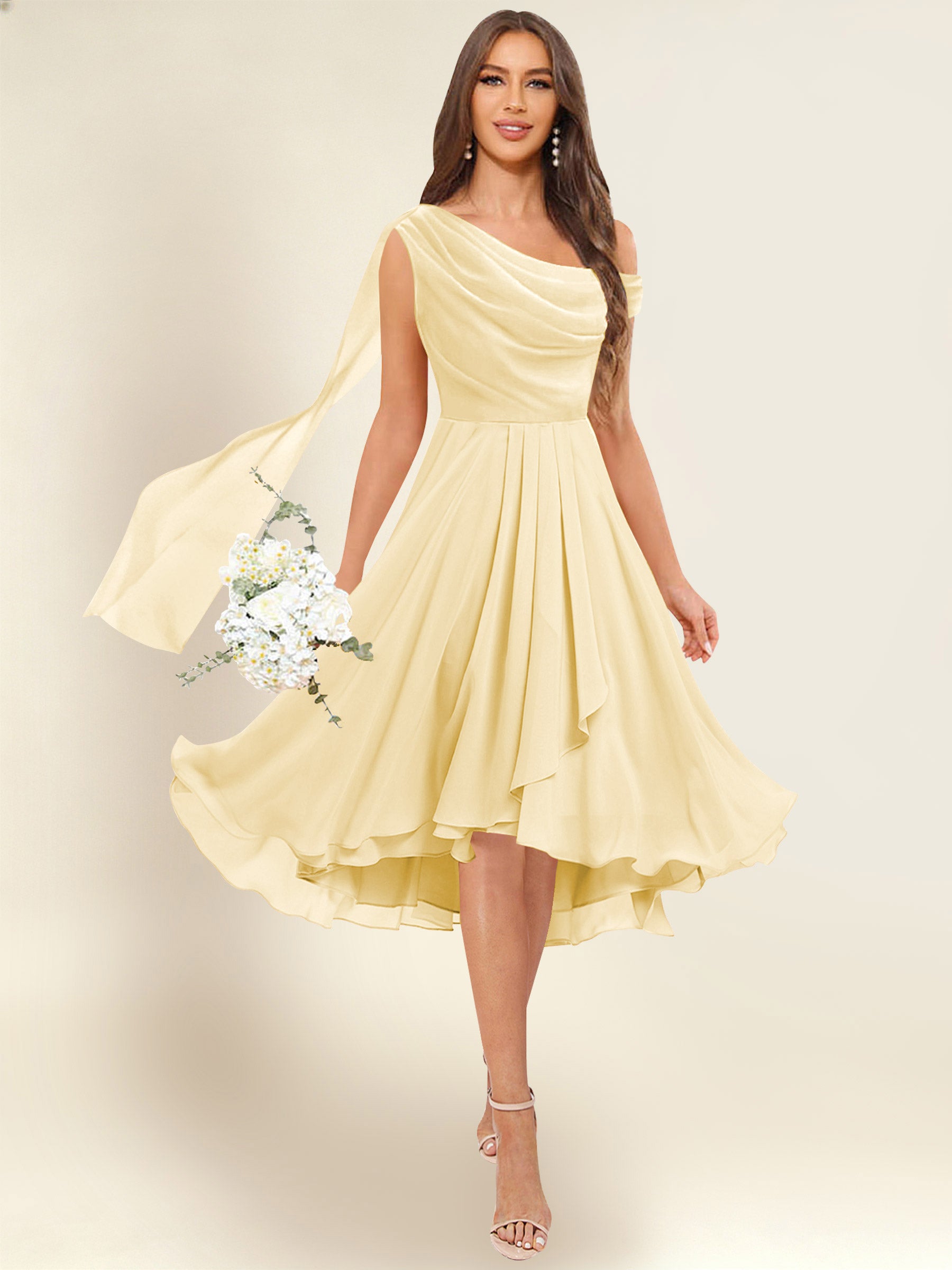 ROVDESY A-Line One Shoulder Pleated Chiffon Bridesmaid Dress With Flowing Sash