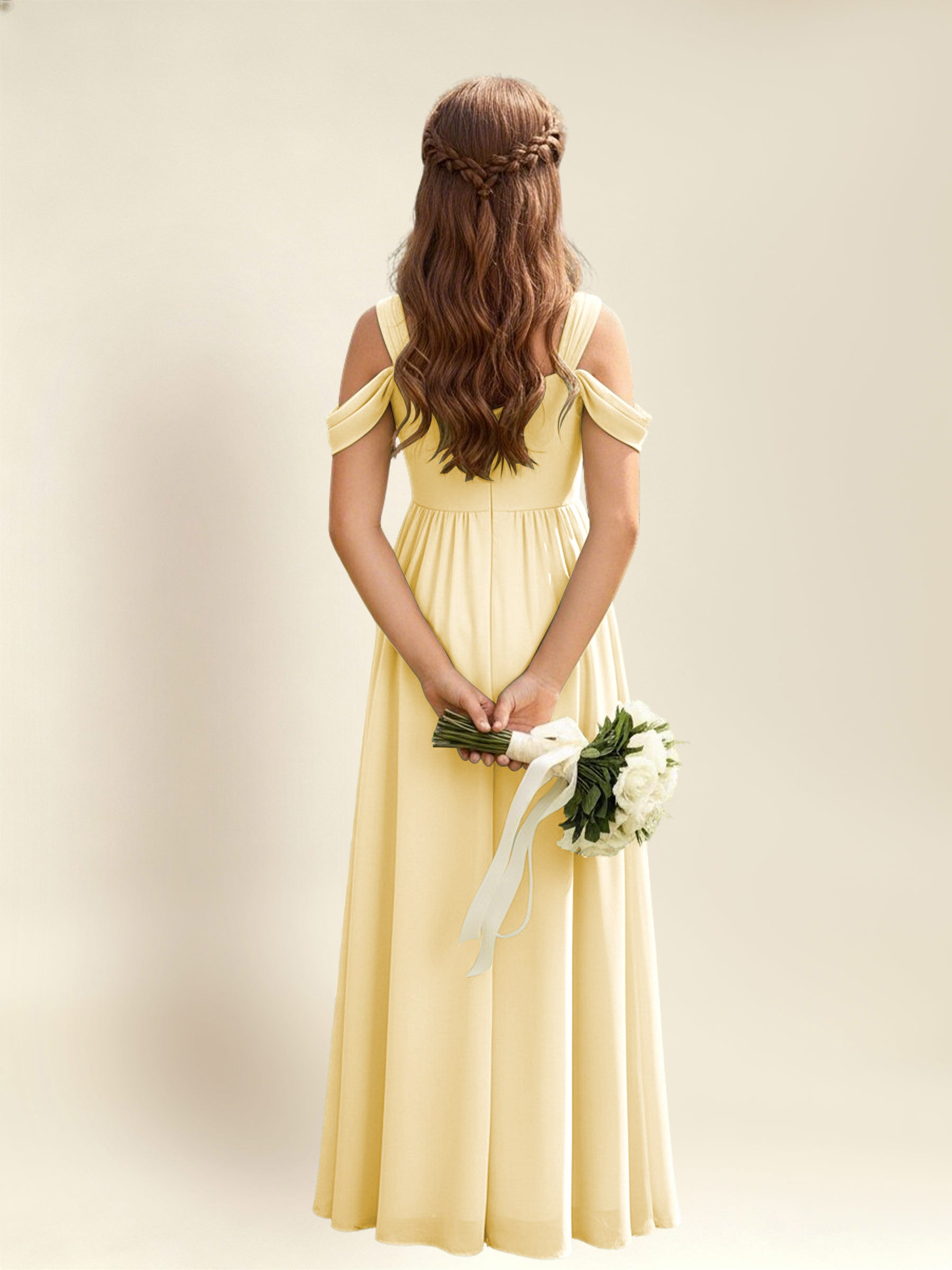 ROVDESY A-Line Off The Shoulder Pleated Chiffon Junior Bridesmaid Dress