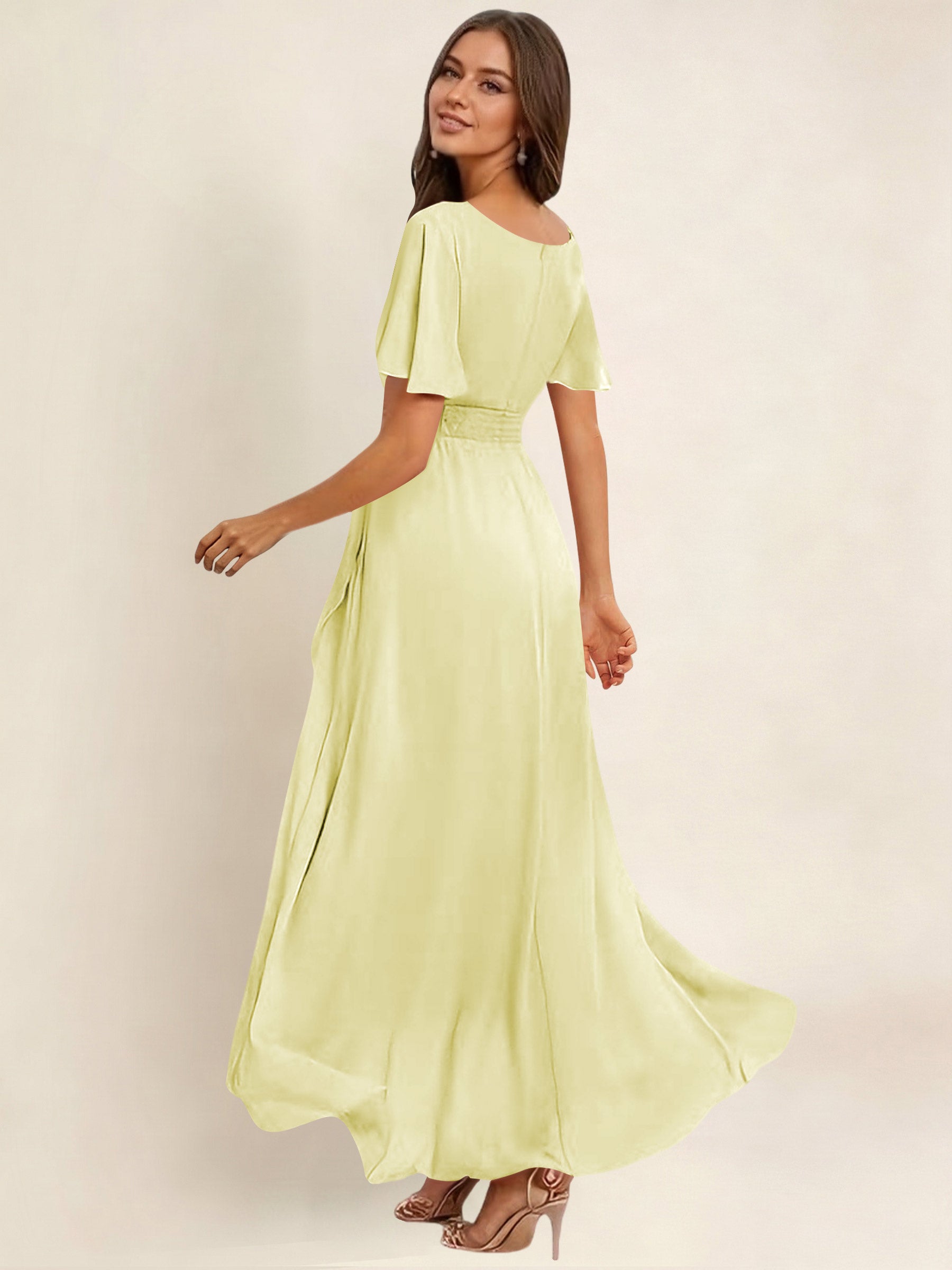 ROVDESY A-Line High Low Round Neck Pleated Ruffle Chiffon Bridesmaid Dress With Short Sleeves