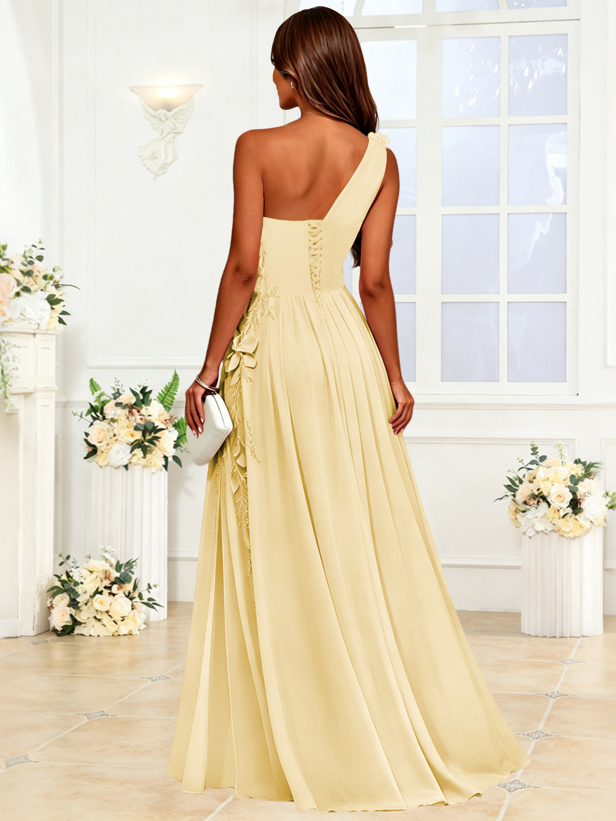 One Shoulder 3D Flower Chiffon Bridesmaid Dress with Slit