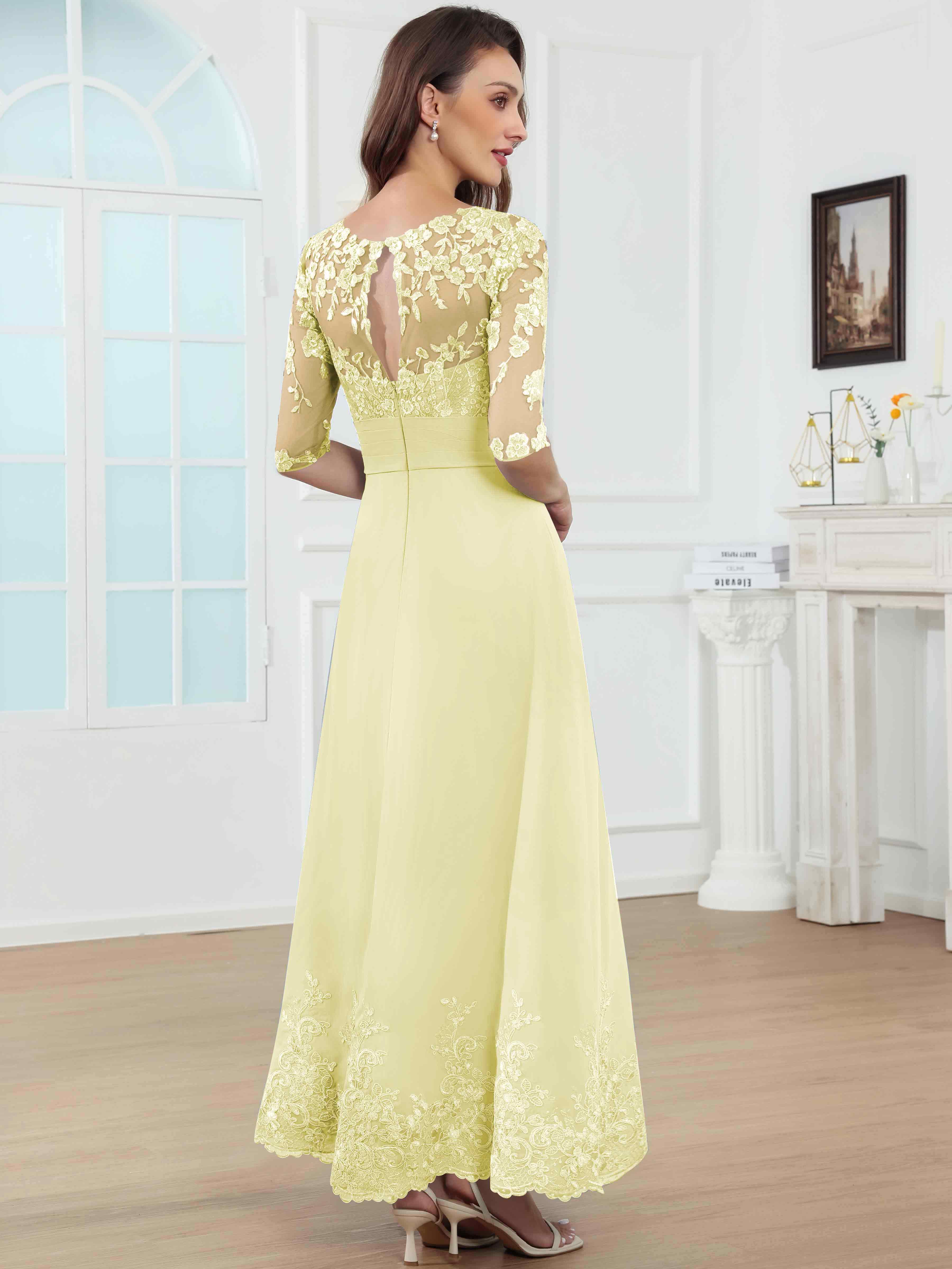 ROVDESY A-Line Lace Sequin Pleated Chiffon Mother Of The Bride Dress With Half Sleeves