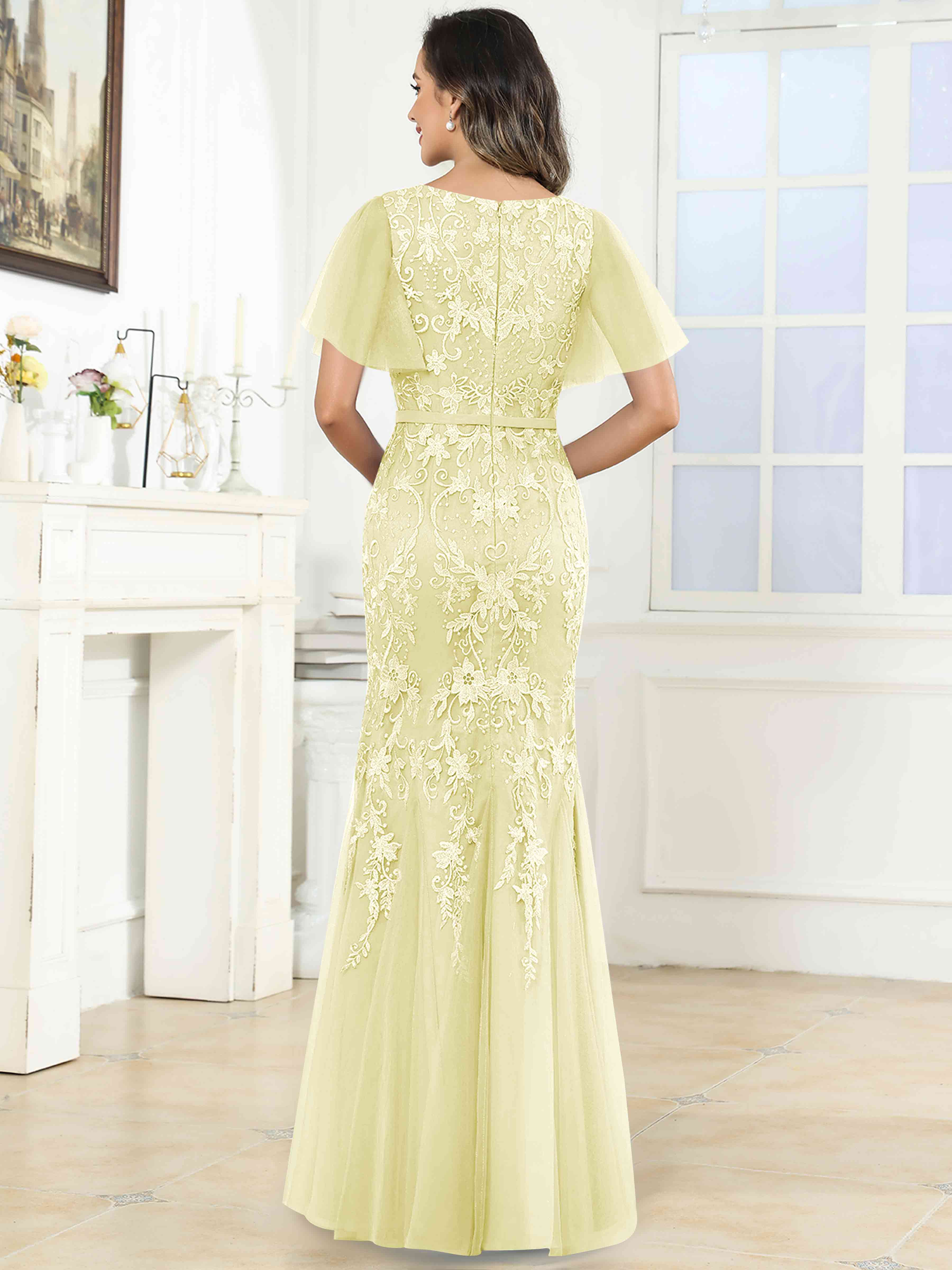 ROVDESY Elegant V-Neck Lace Mermaid Long Mother Of The Bride Dress Formal Gown With Sleeves