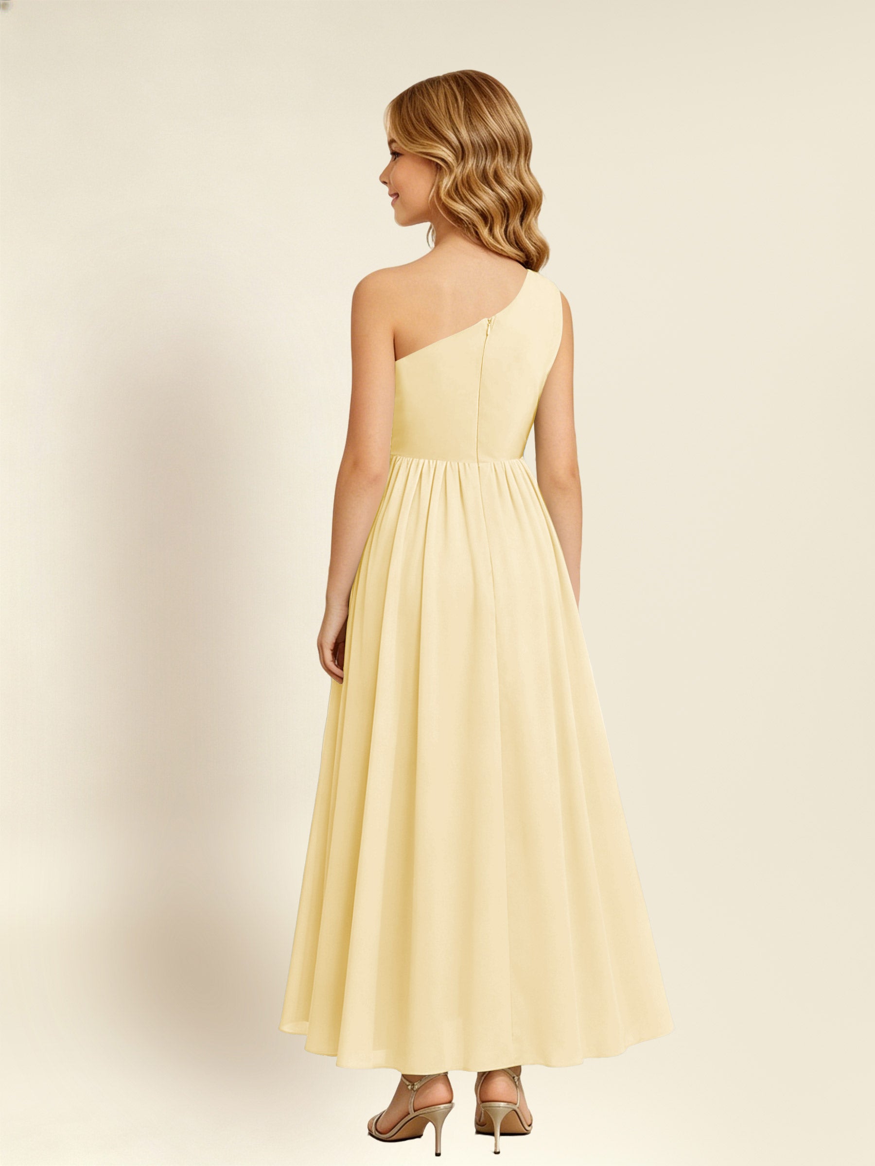 ROVDESY One Shoulder Twist Waist Chiffon Junior Bridesmaid Maxi Dress