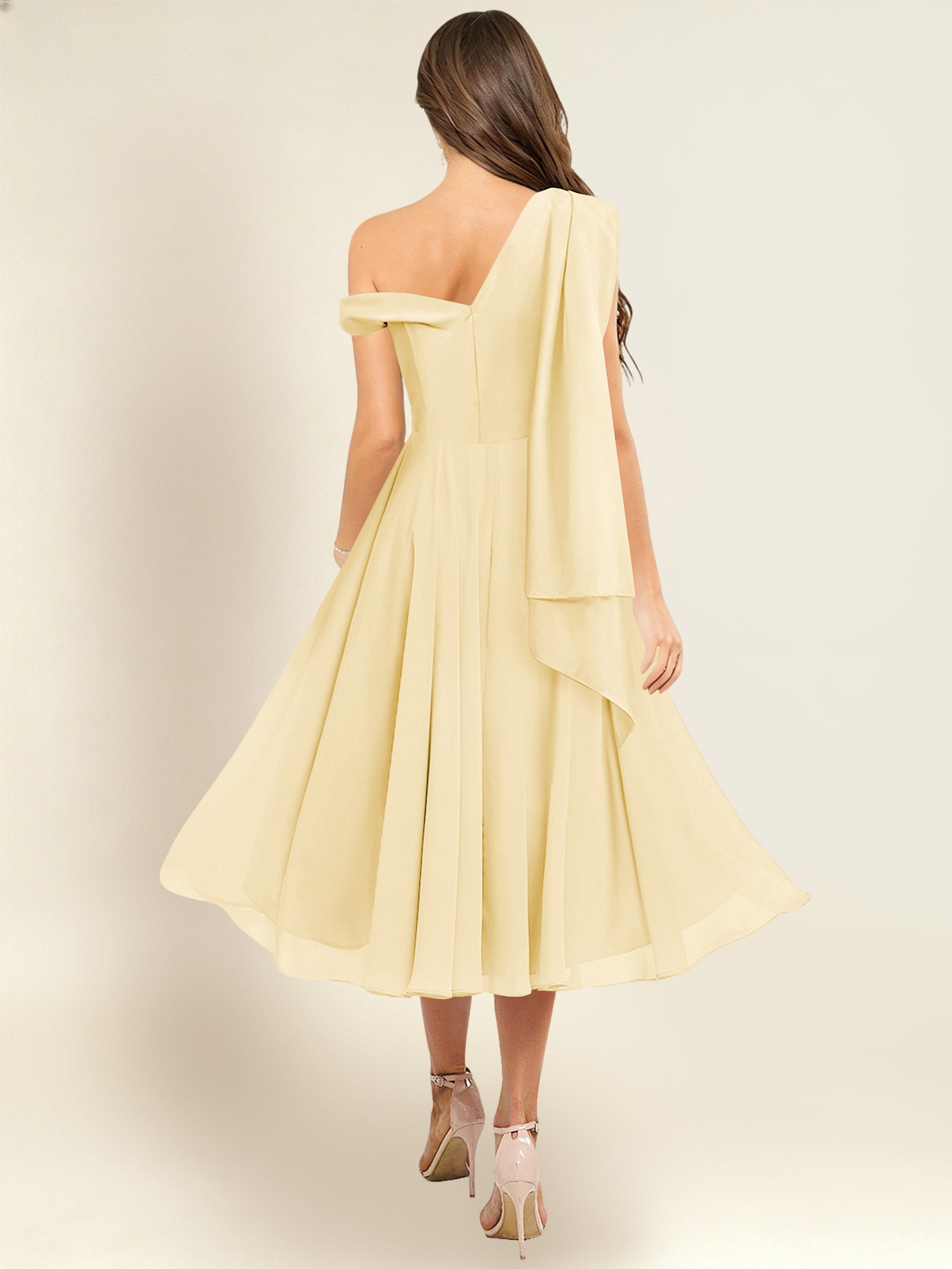 ROVDESY A-Line One Shoulder Pleated Chiffon Bridesmaid Dress With Flowing Sash