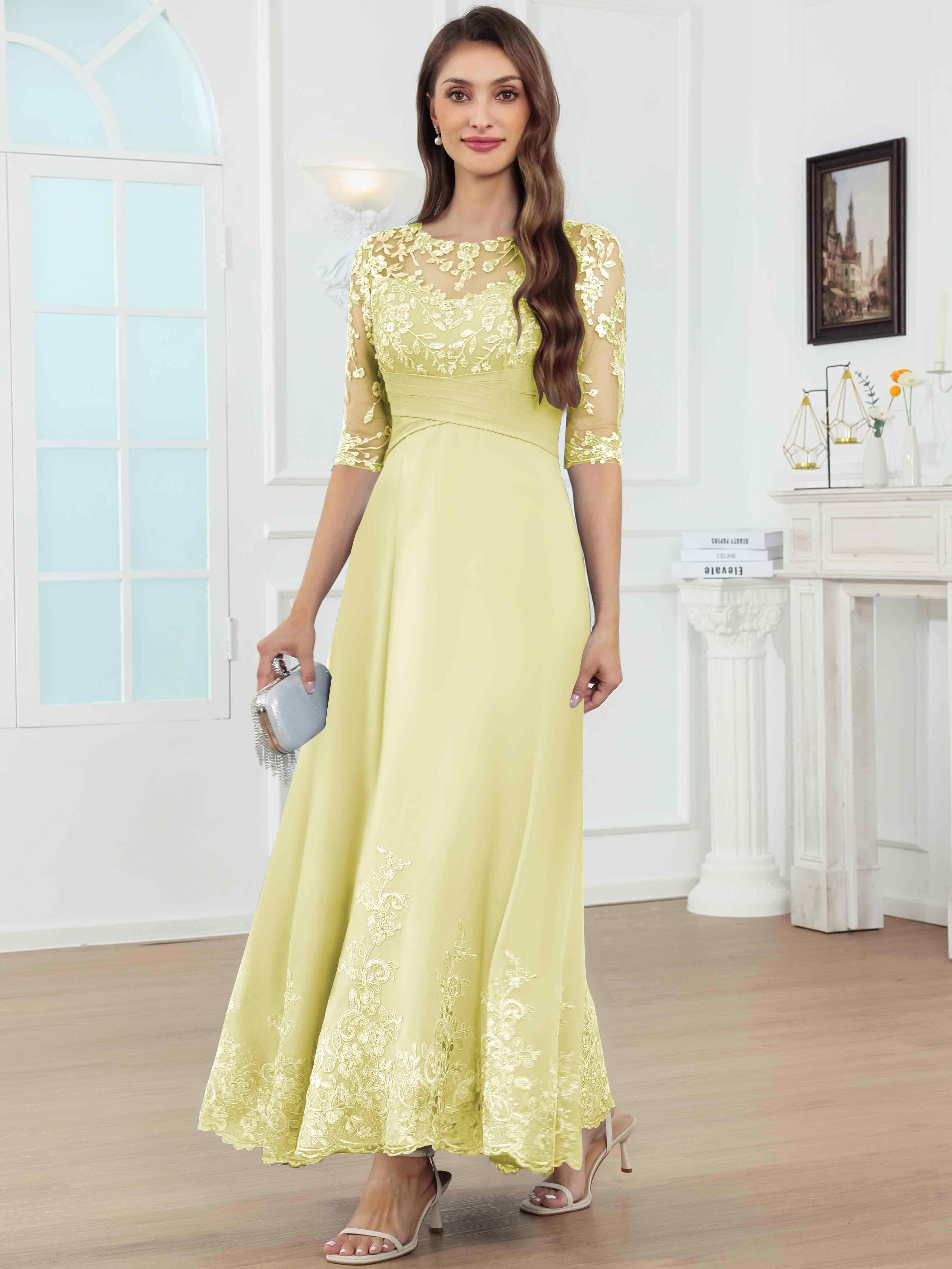 ROVDESY A-Line Lace Sequin Pleated Chiffon Mother Of The Bride Dress With Half Sleeves