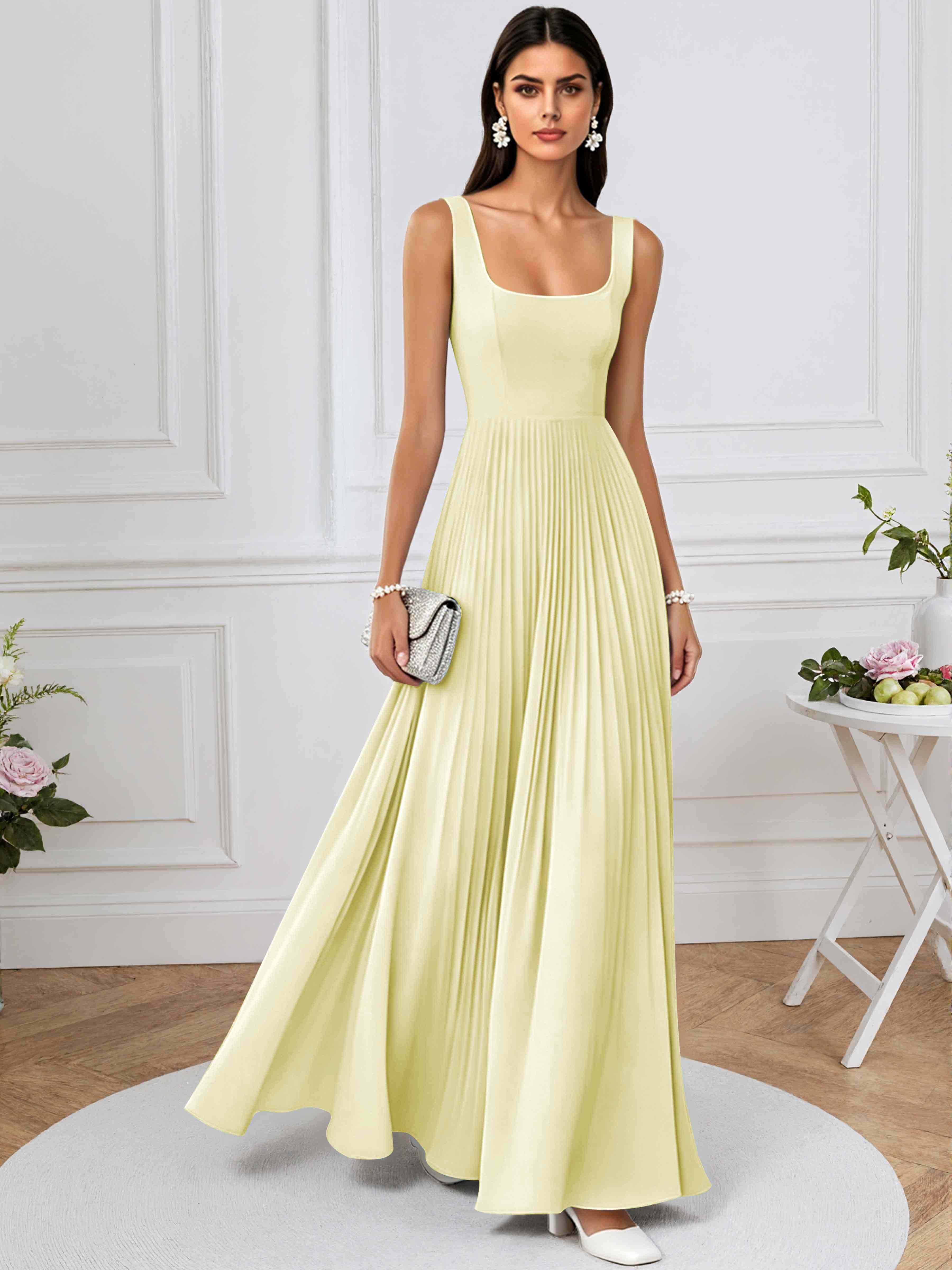 ROVDESY A-Line Square Neck Pleated Chiffon Long Bridesmaid/Prom Dress