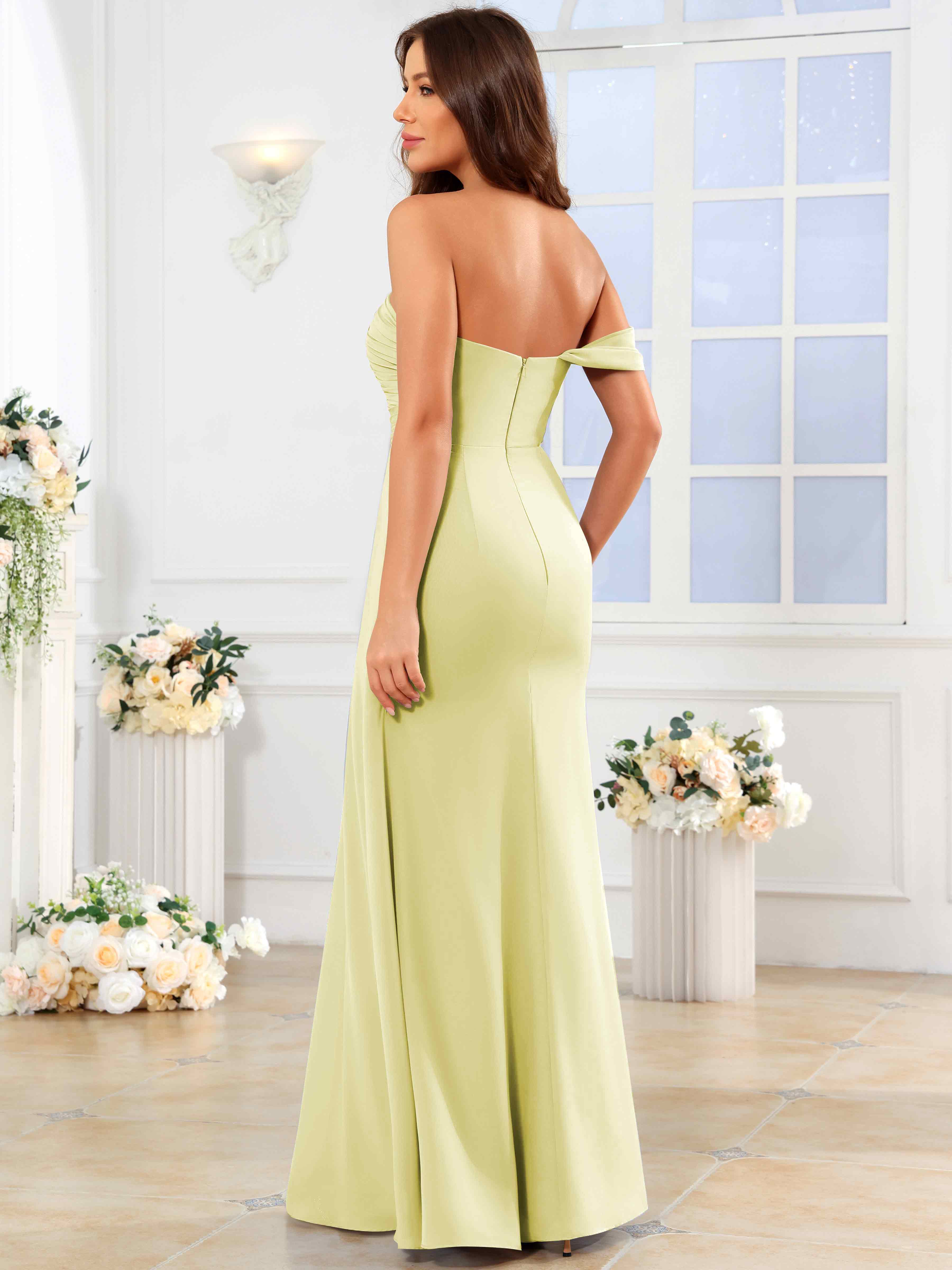 ROVDESY One Shoulder Off The Shoulder Pleated Chiffon Bridesmaid Dress