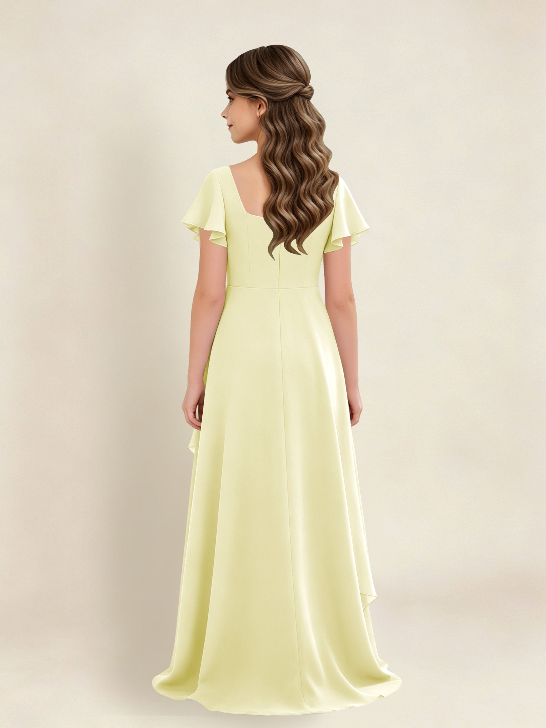 ROVDESY A-Line Square Neck Ruffle Chiffon Junior Bridesmaid Dress With Short Sleeves