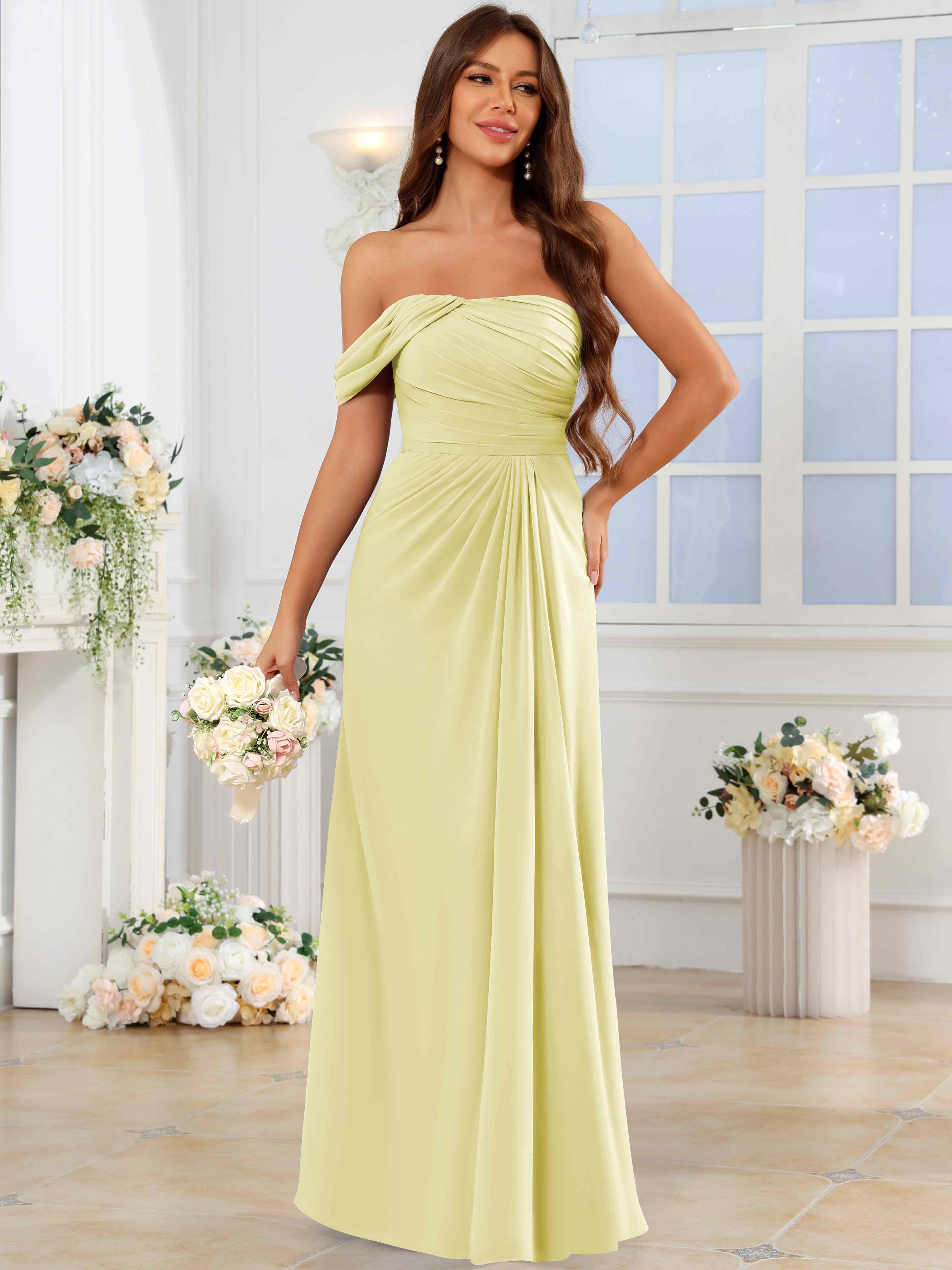 ROVDESY One Shoulder Off The Shoulder Pleated Chiffon Bridesmaid Dress