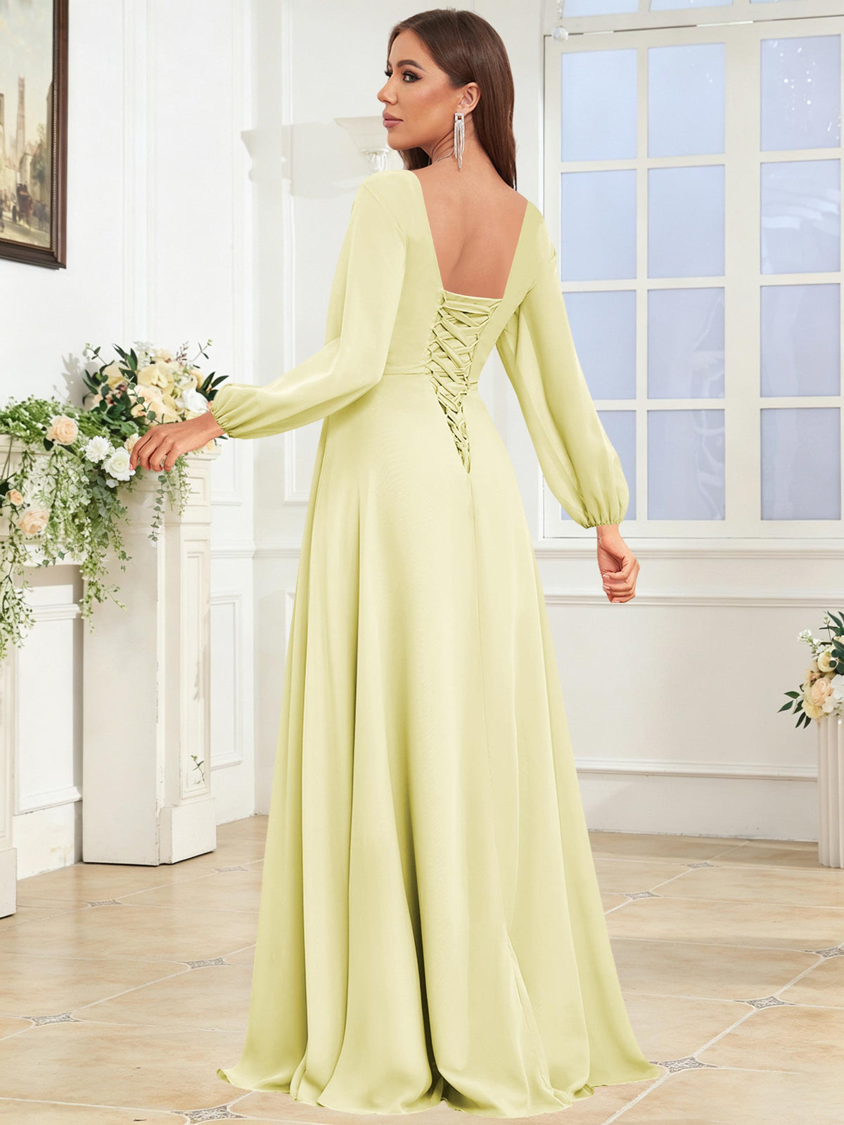 V Neck Chiffon Long Sleeve Bridesmaid Dresses with Slit
