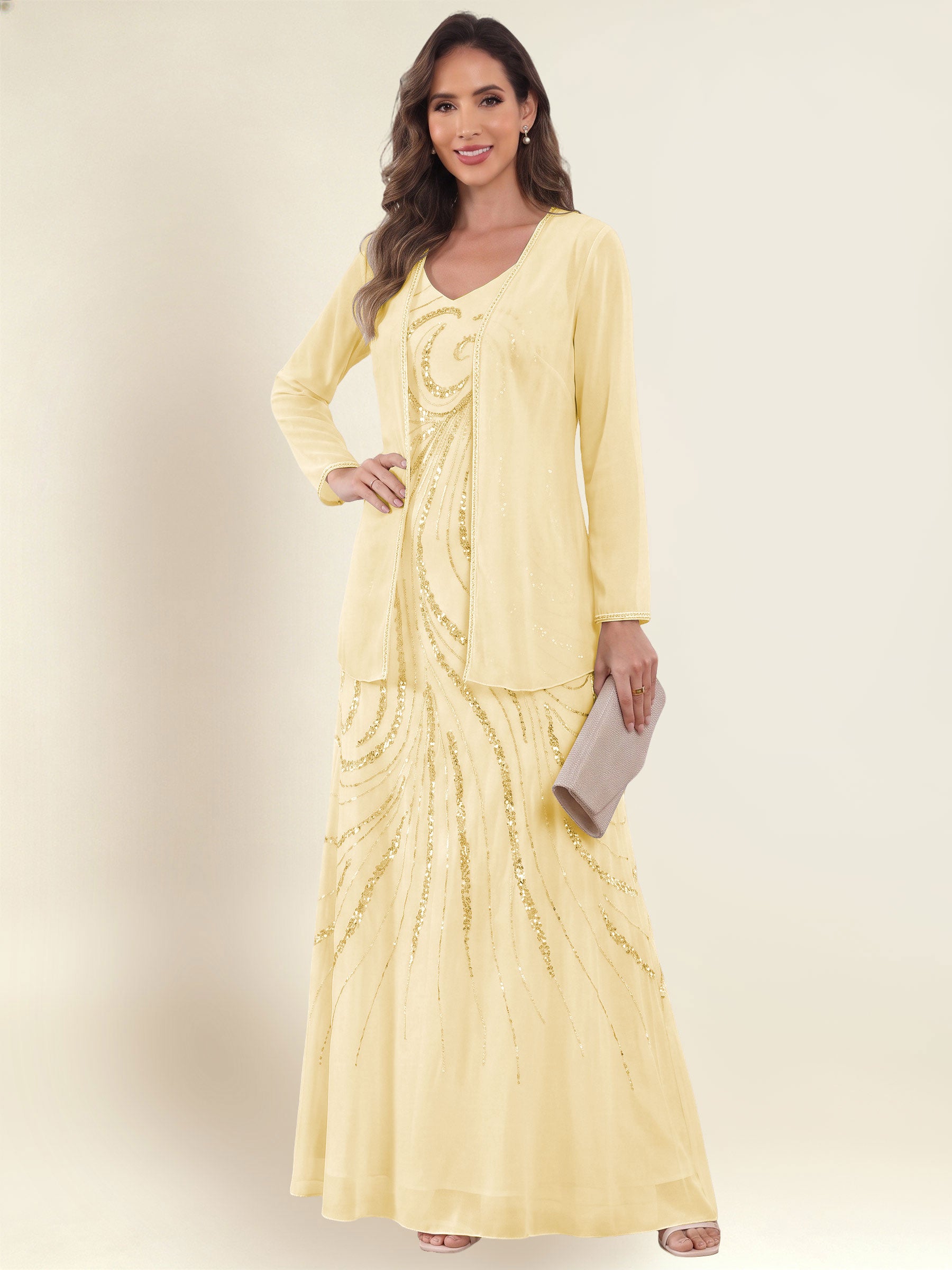 ROVDESY 2 Pieces V-Neck Sequin Chiffon Long Mother Of The Bride Dress With Long Sleeve Jacket