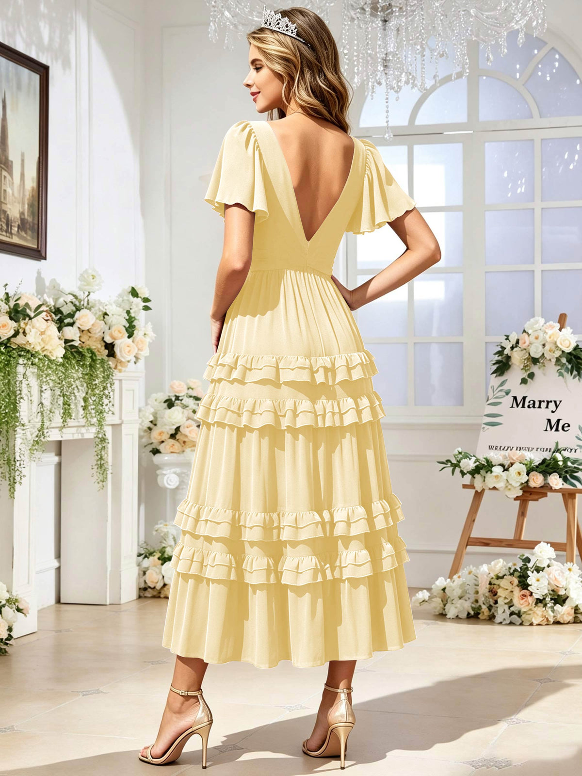 A Line Chiffon Pleated Bridesmaid Dress with Sleeves