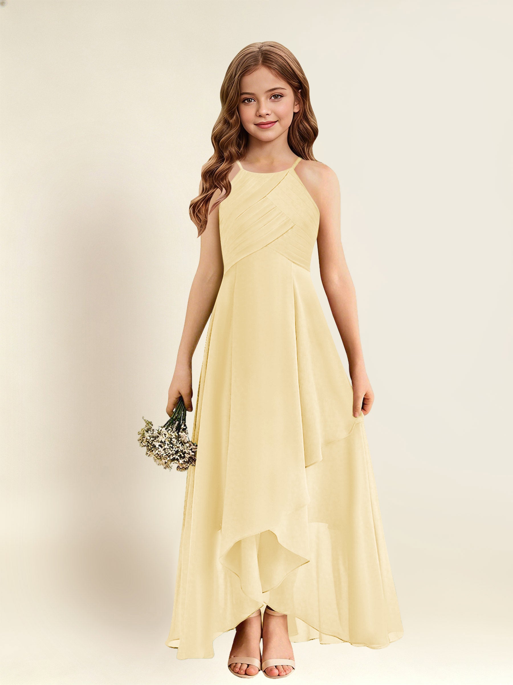 ROVDESY A-Line Halter Pleated Chiffon Junior Bridesmaid Dress