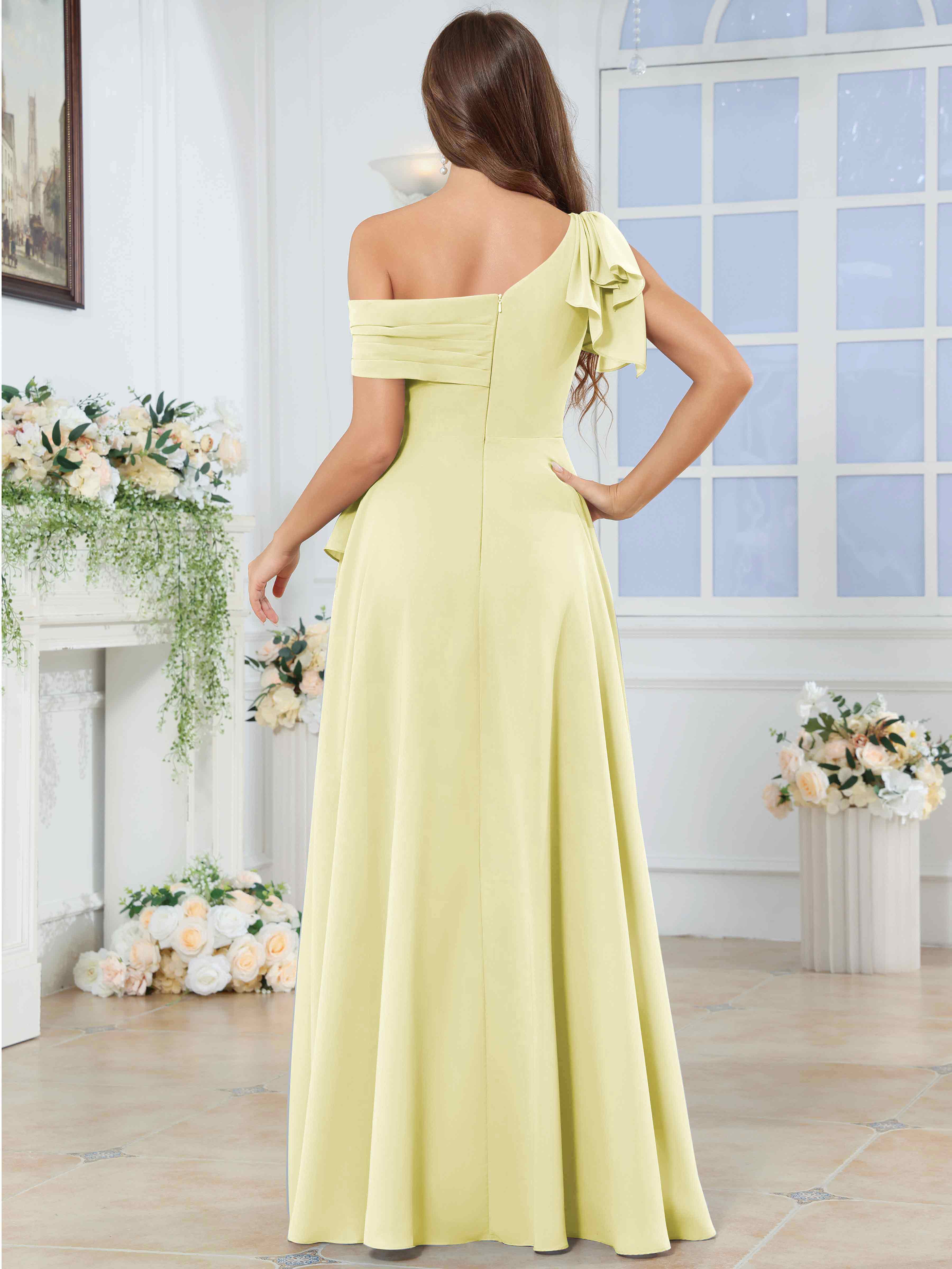 ROVDESY One Shoulder Pleated Ruffle Chiffon Bridesmaid Dress With Slit