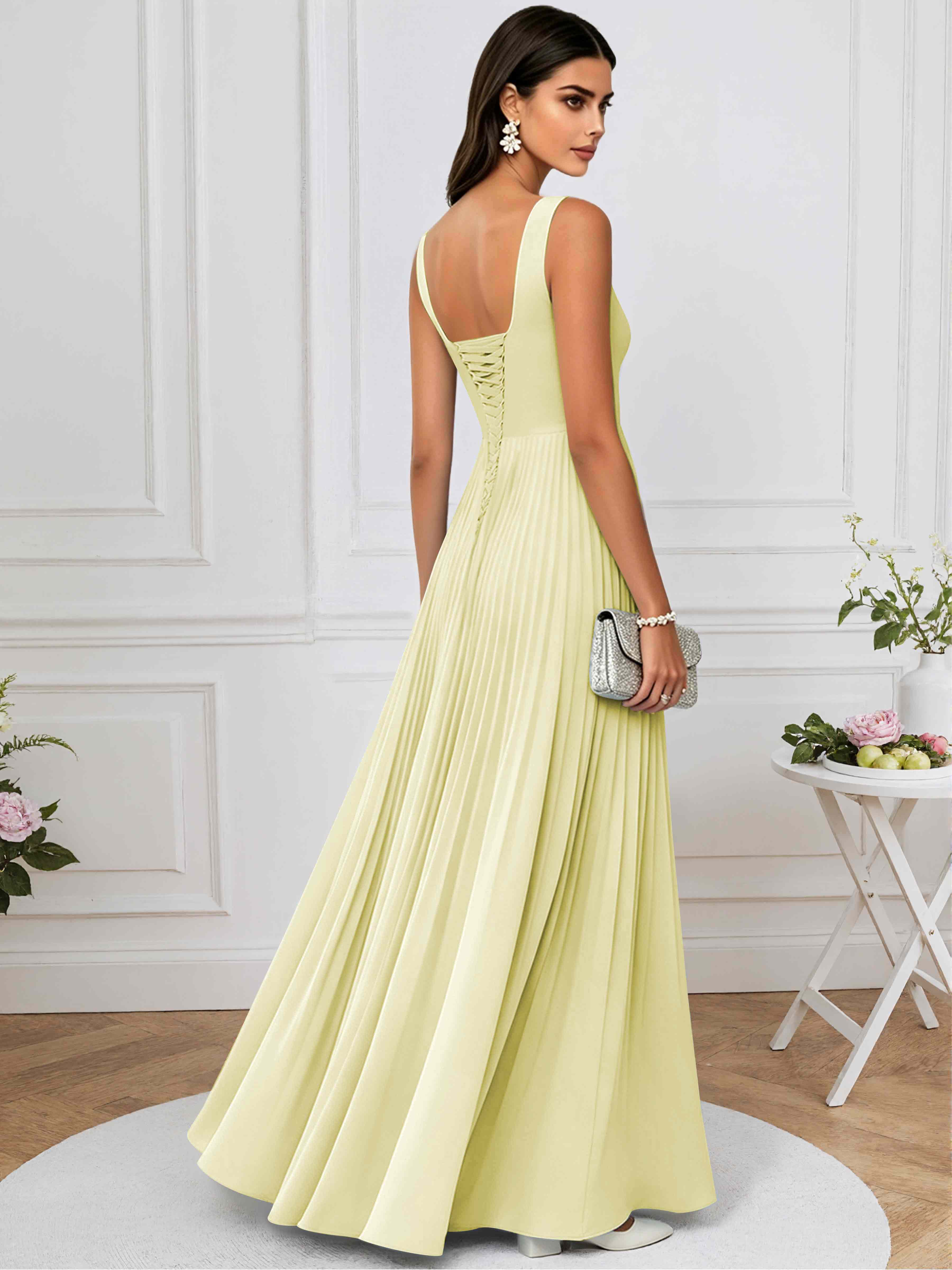 ROVDESY A-Line Square Neck Pleated Chiffon Long Bridesmaid/Prom Dress