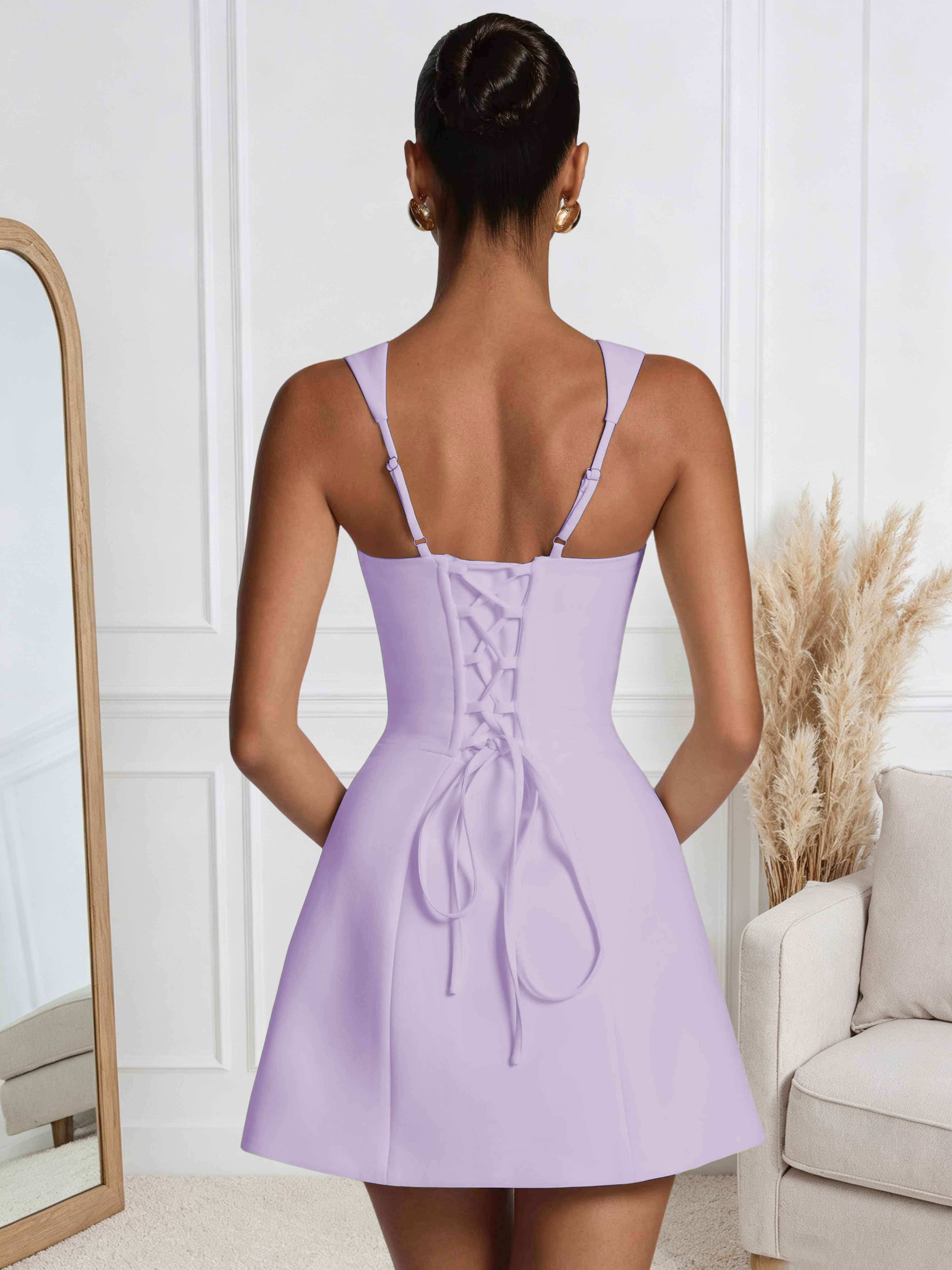 ROVDESY A-Line Square Neck Satin Homecoming Mini Dress