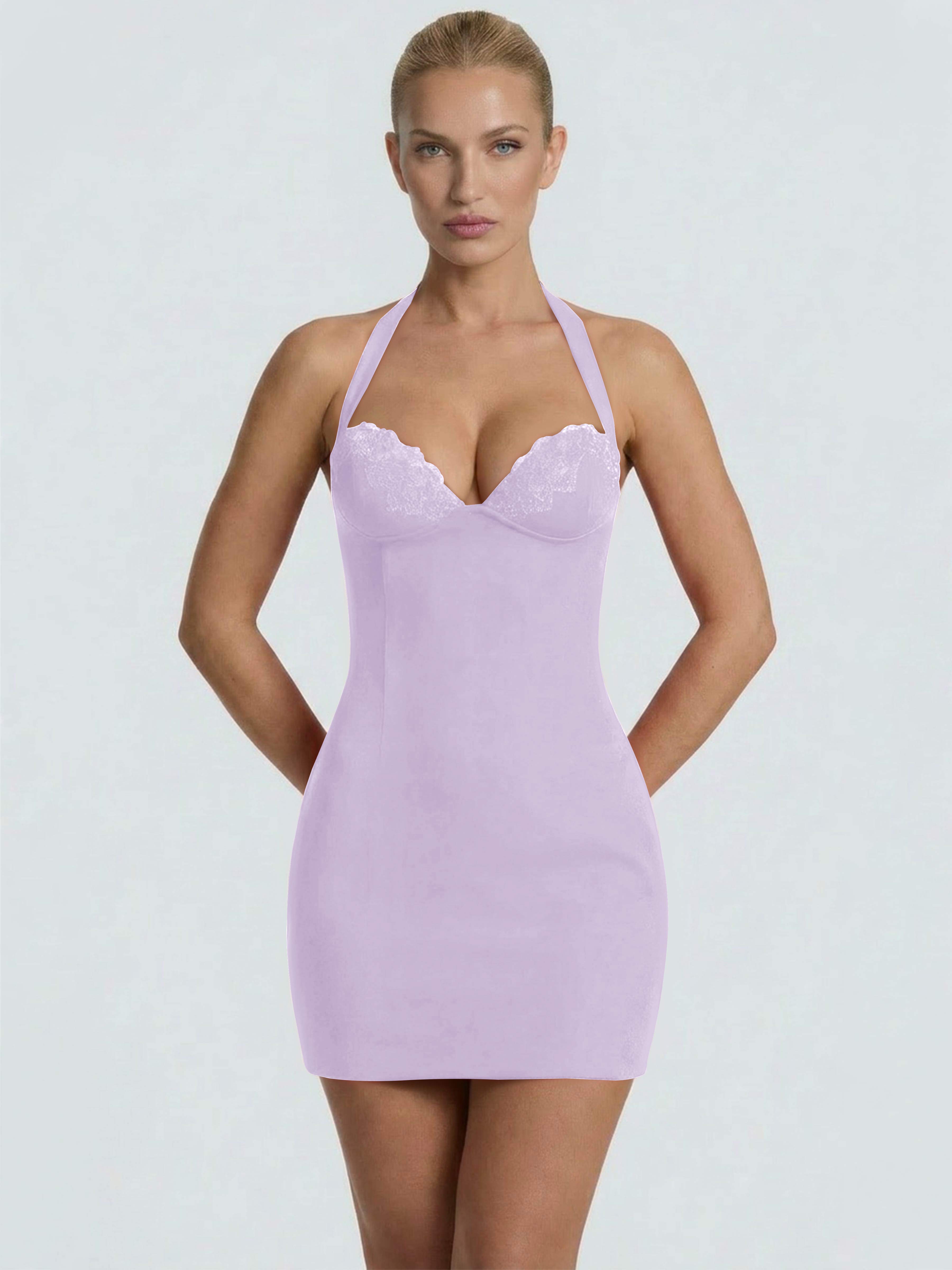 ROVDESY Halter Lace Satin Tight Homecoming Mini Dress