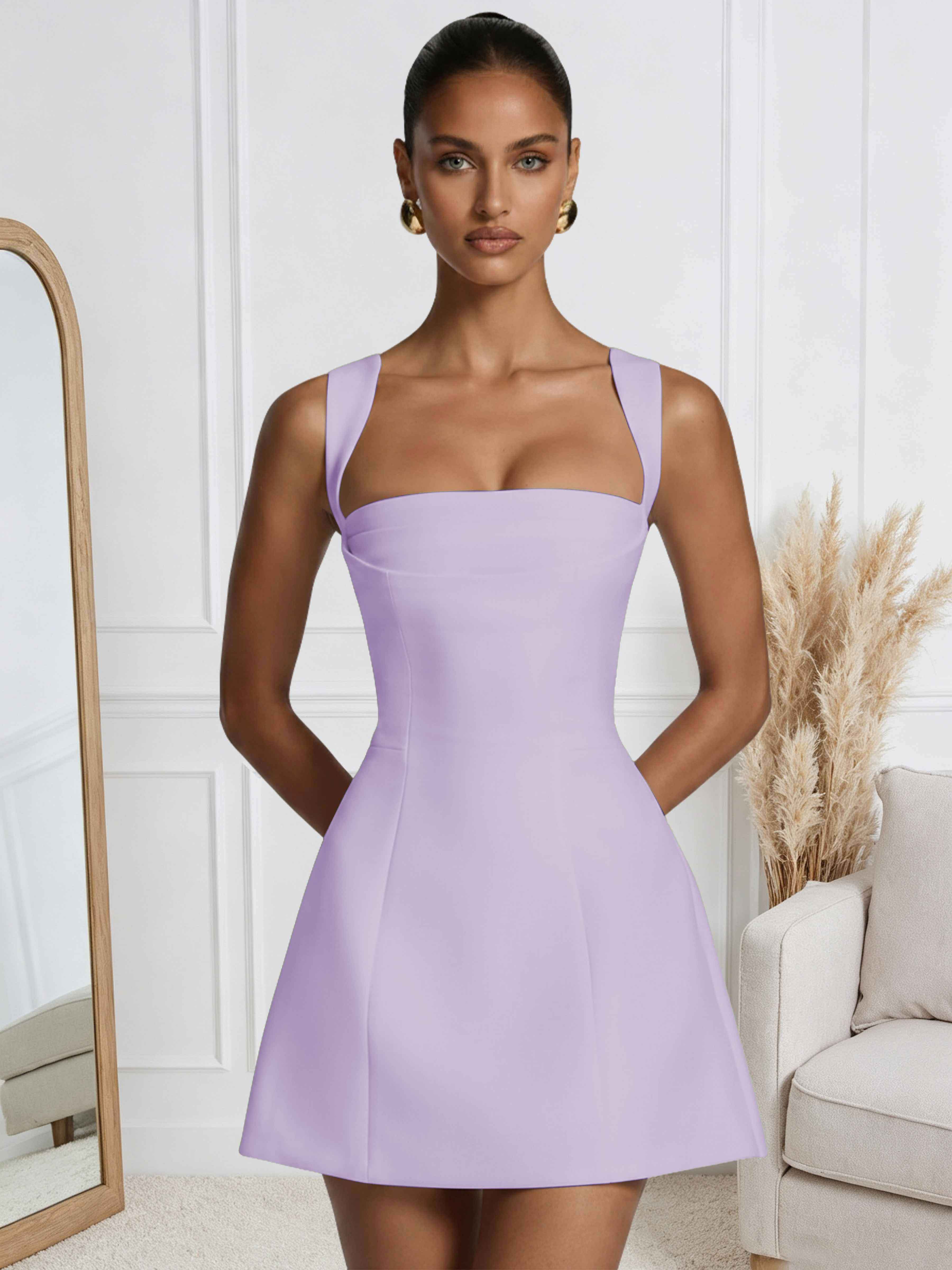 ROVDESY A-Line Square Neck Satin Homecoming Mini Dress