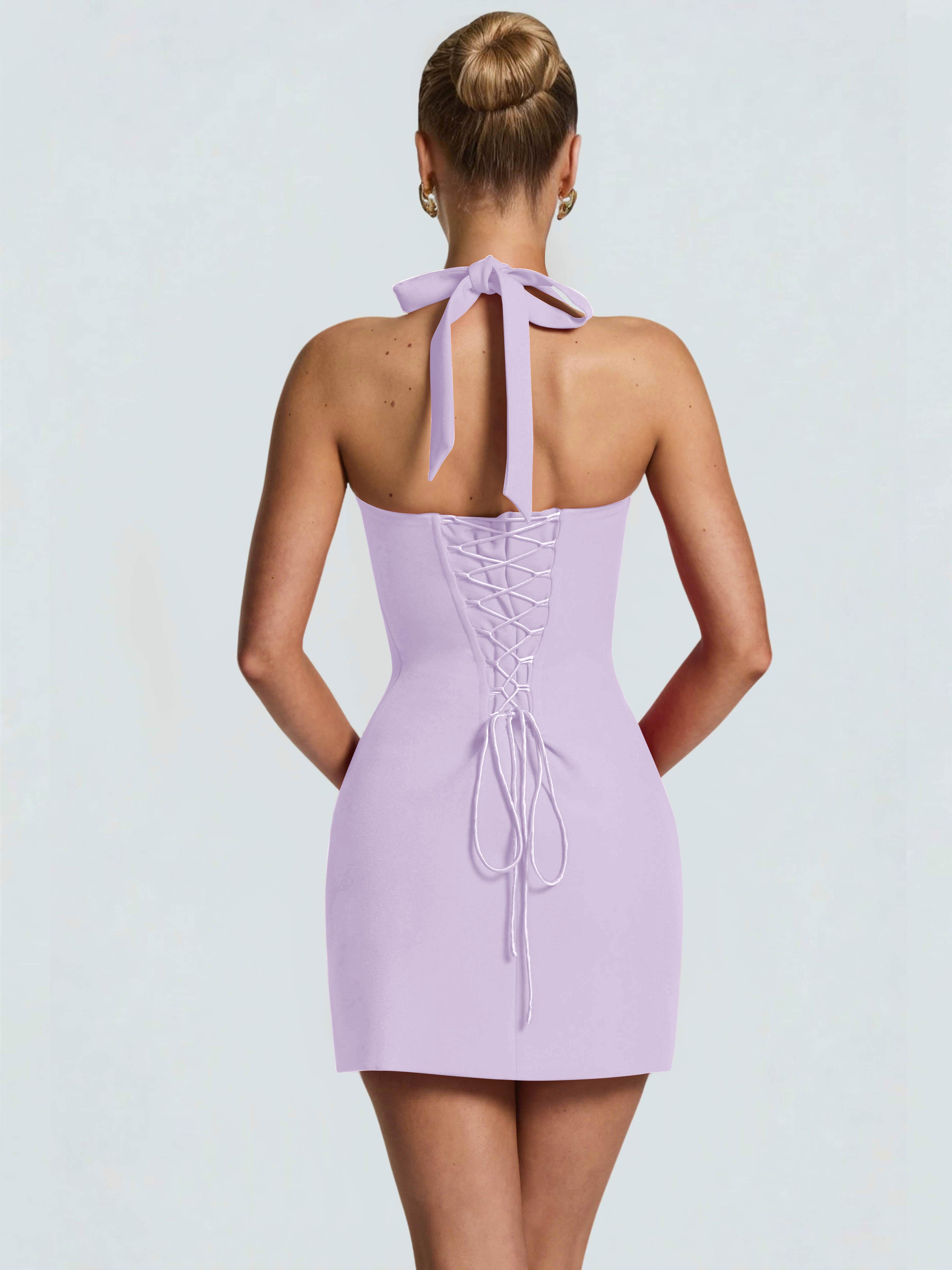 ROVDESY Halter Lace Satin Tight Homecoming Mini Dress
