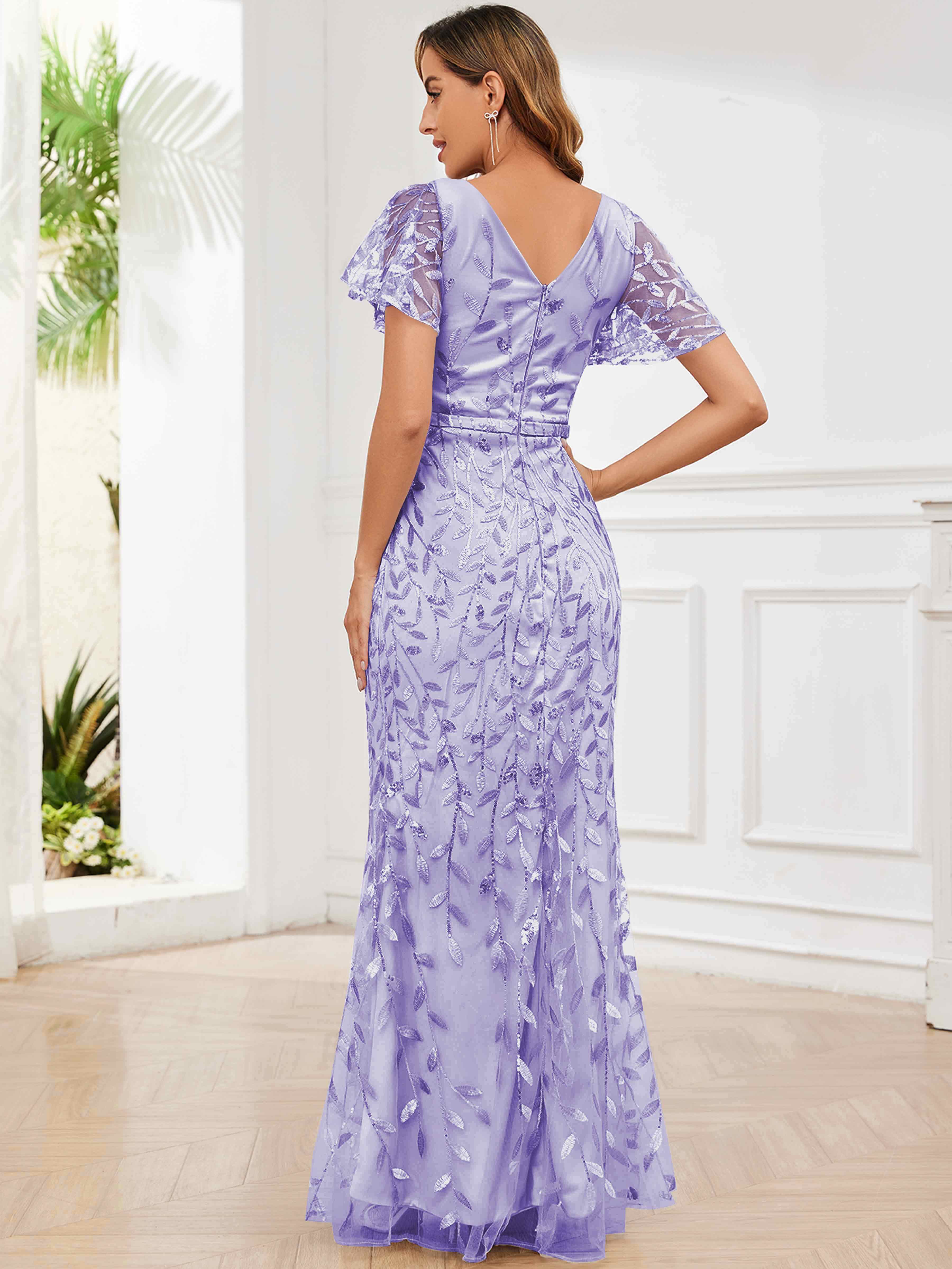 ROVDESY V-Neck Mermaid Sequin Mother Of The Bride Dress With Short Sleeves