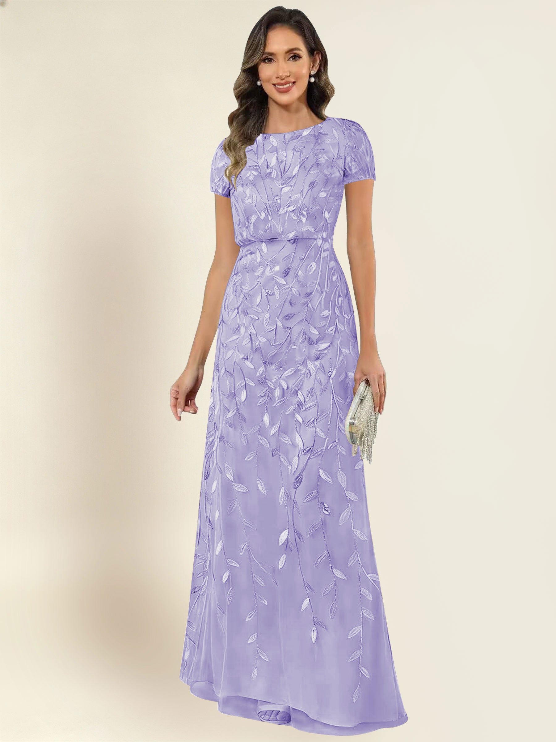 ROVDESY Sequin Mermaid Long Mother Of The Bride Dress With Short Sleeves Formal Gown