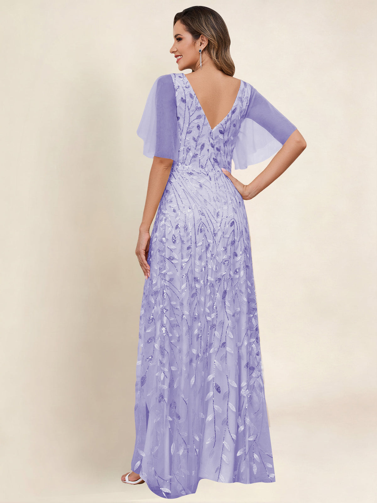 V Neck Sequin Tulle A Line Mother of the Bride Dress with Sleeves