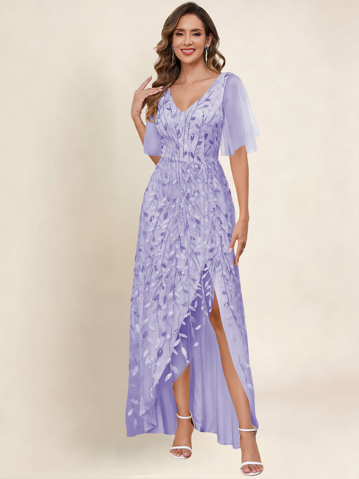 V Neck Sequin Tulle A Line Mother of the Bride Dress with Sleeves