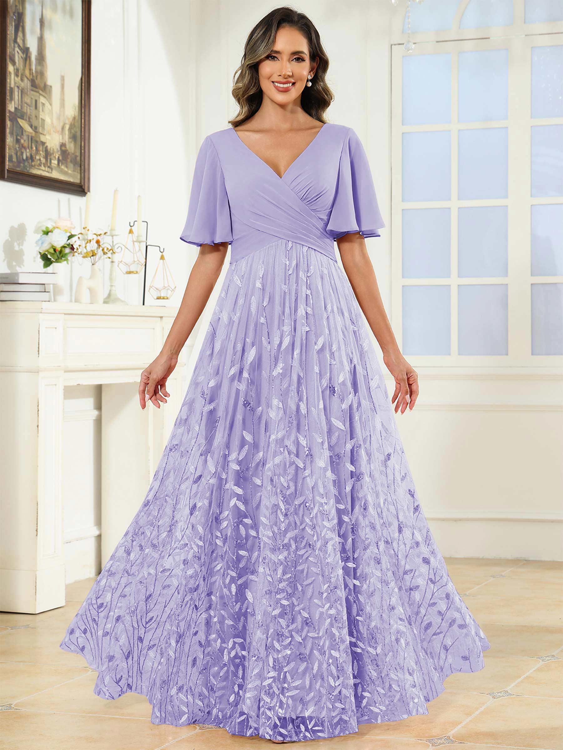 ROVDESY A-Line V-Neck Chiffon Sequin Mother Of The Bride Dress With Short Sleeves