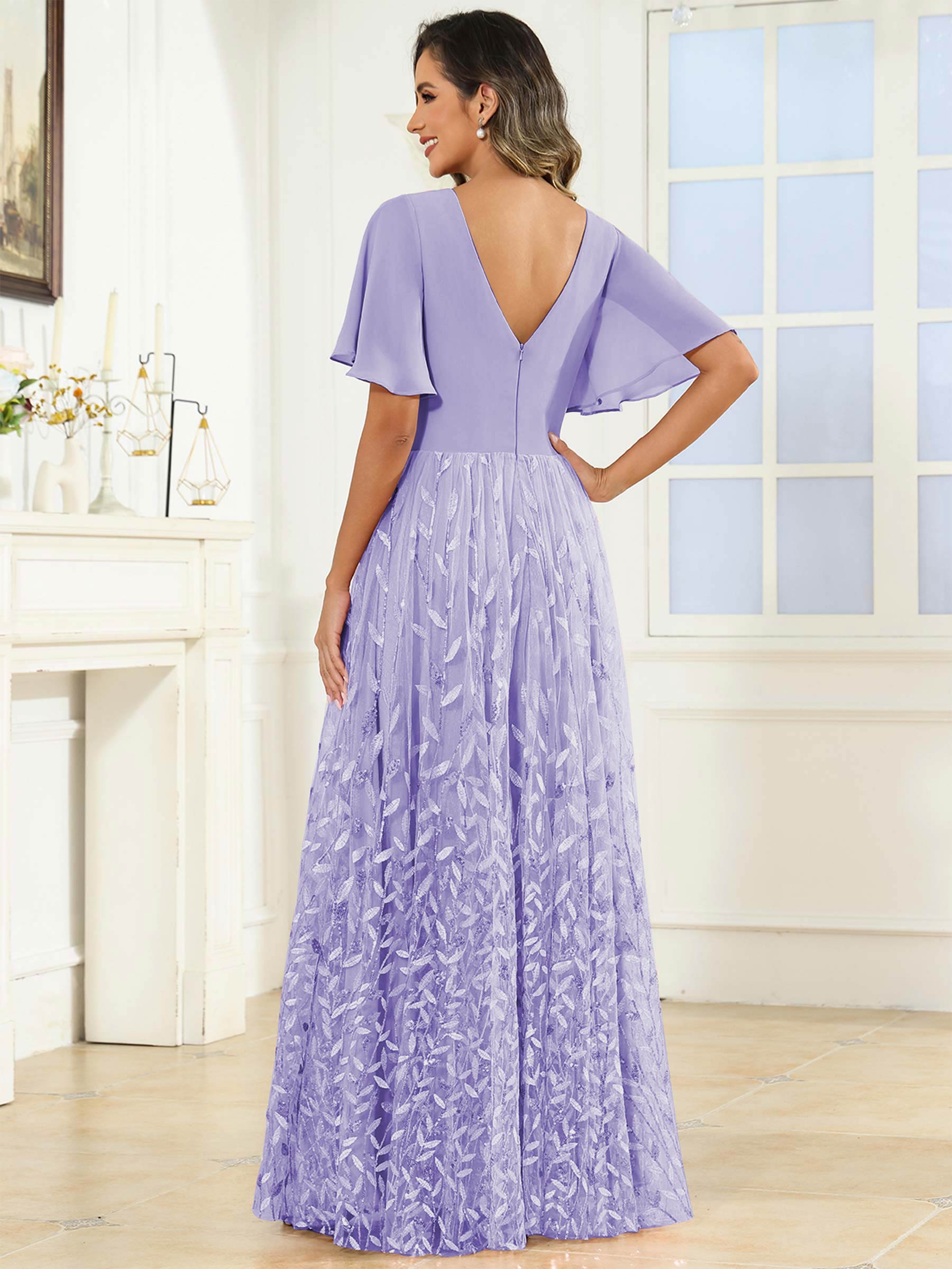 ROVDESY A-Line V-Neck Chiffon Sequin Mother Of The Bride Dress With Short Sleeves