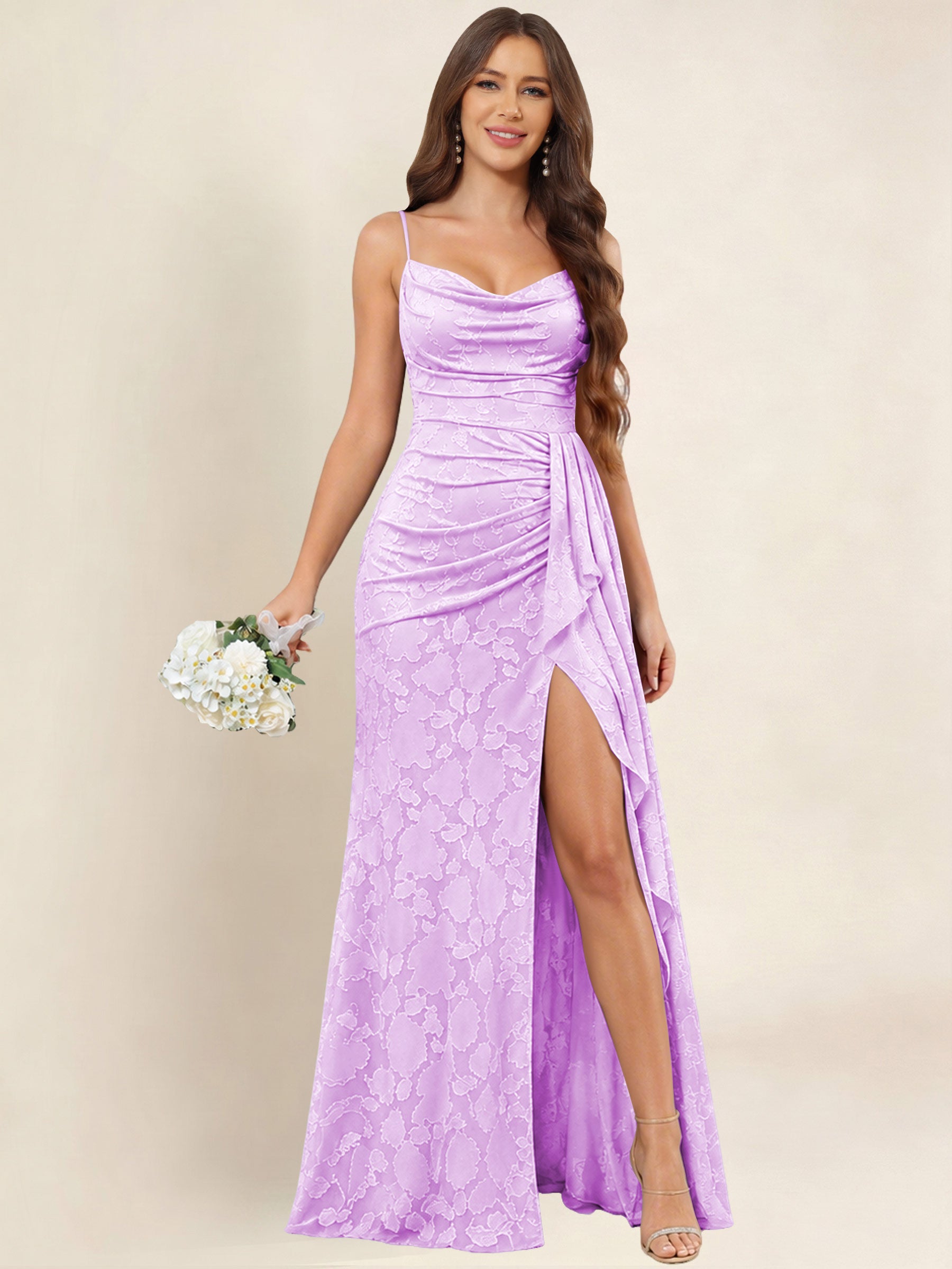 ROVDESY  Cowl Neck Ruffle Mermaid Chiffon Jacquard Bridesmaid/Prom Dress With Slit